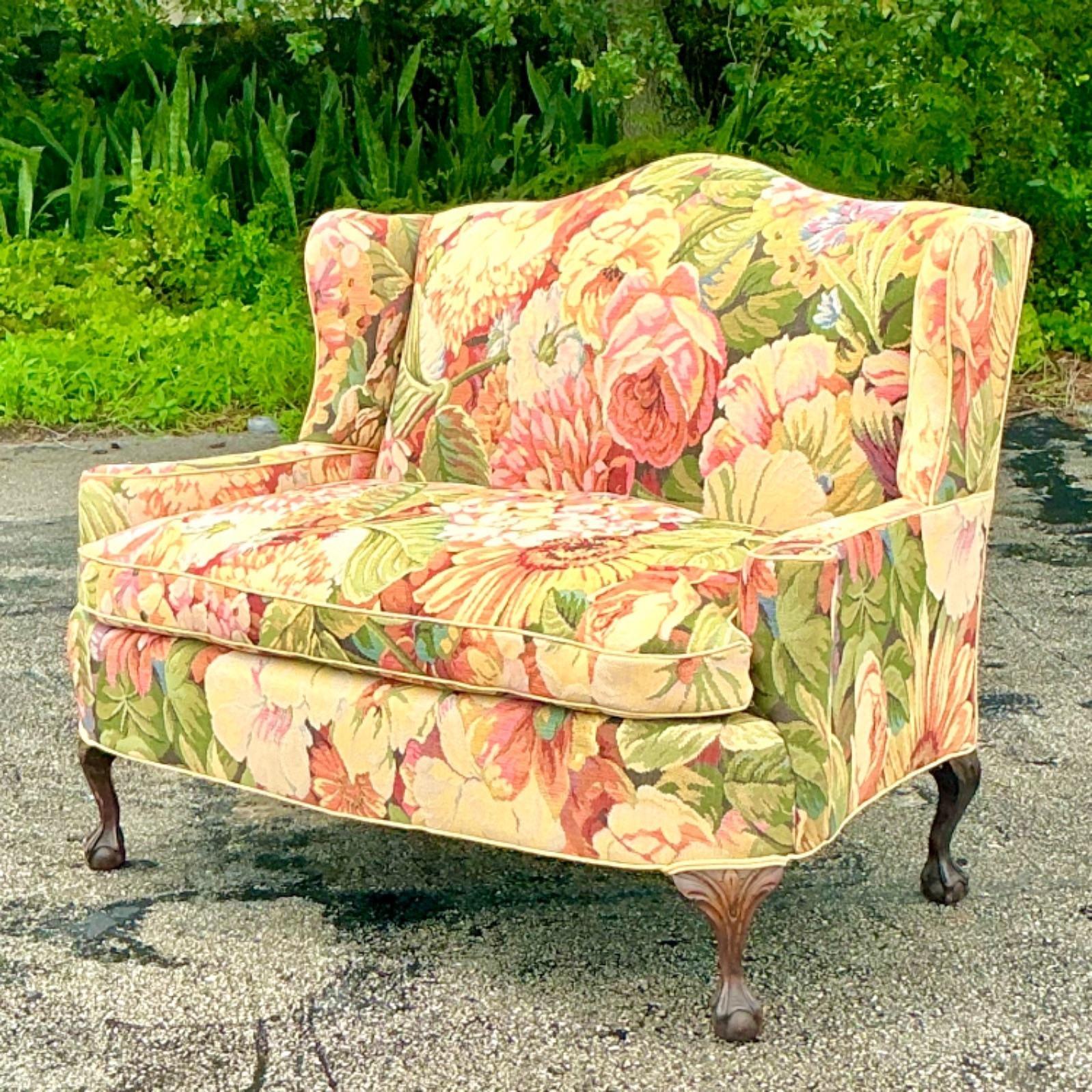 Queen Anne Vintage Boho Camelback Loveseat in Brunschwig and Fils Floral