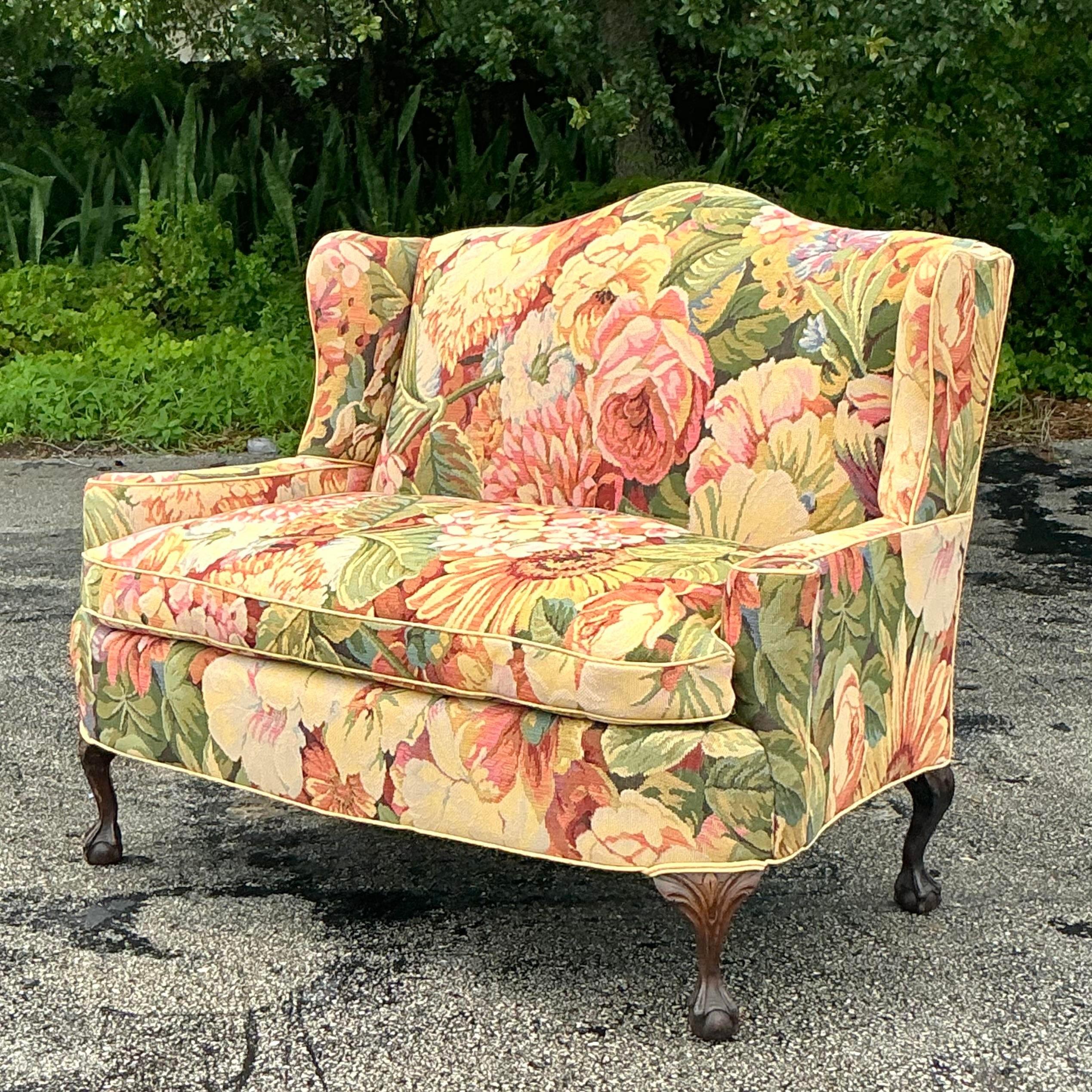 Vintage Boho Camelback Loveseat in Brunschwig and Fils Floral In Good Condition In West Palm Beach, FL