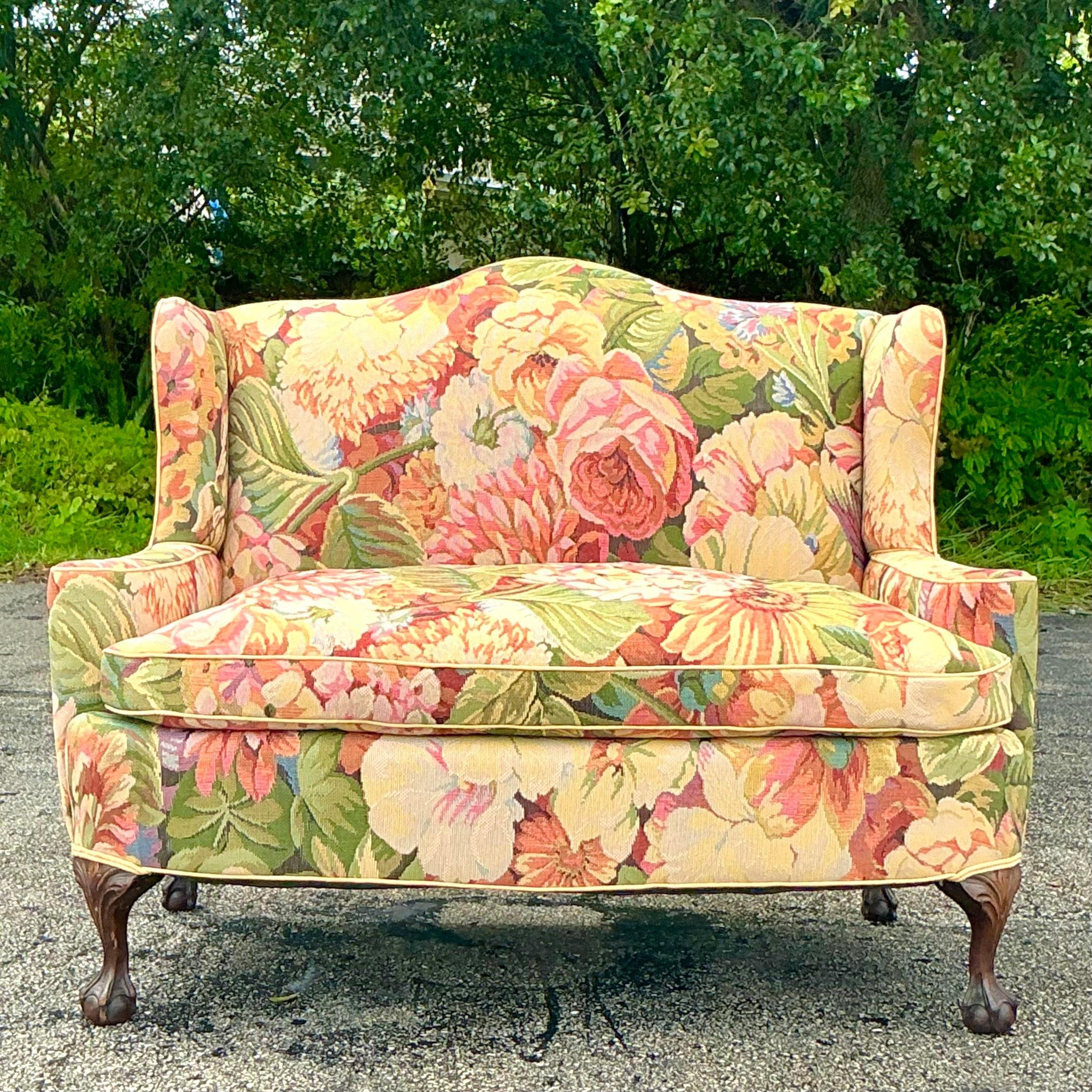 20th Century Vintage Boho Camelback Loveseat in Brunschwig and Fils Floral