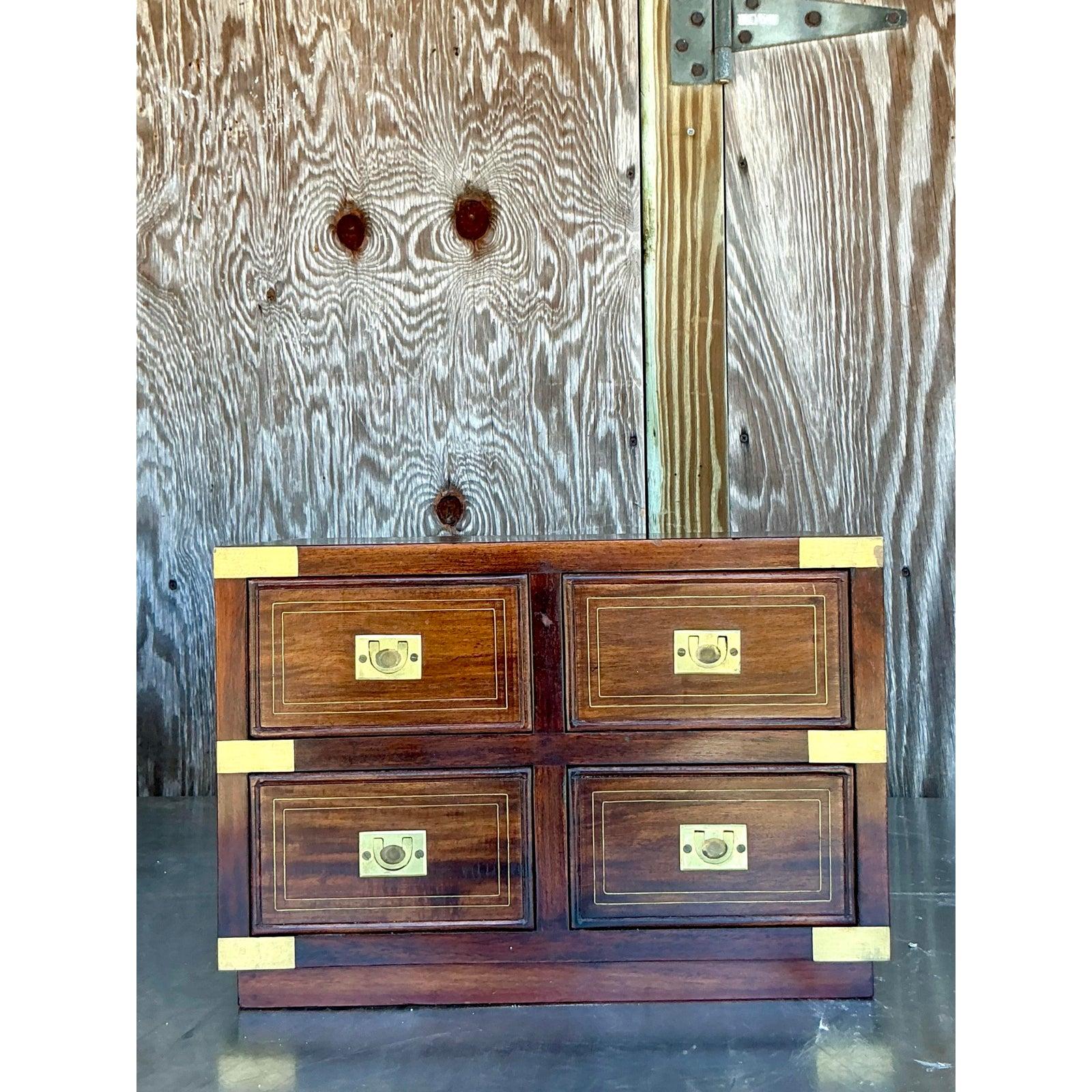 Vintage Boho Campaign Tabletop Chest of Drawers In Good Condition For Sale In west palm beach, FL