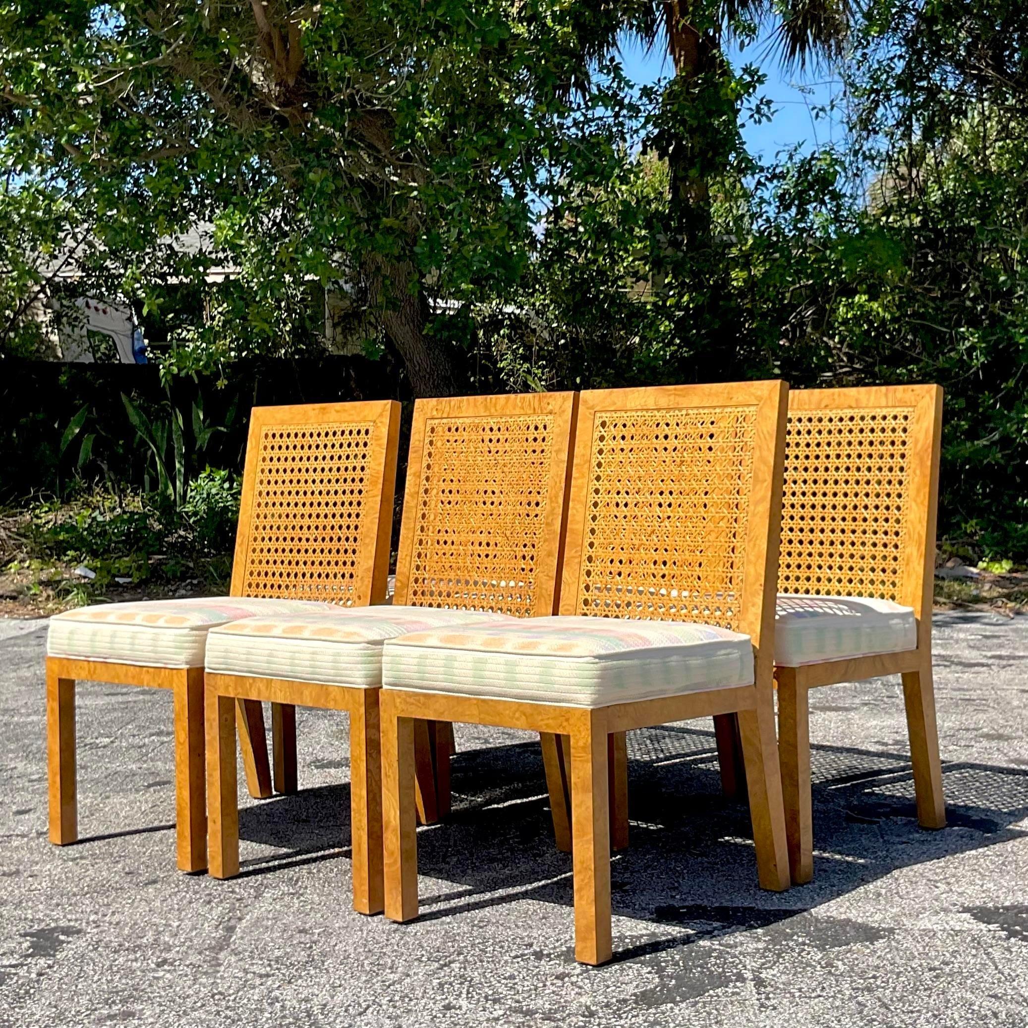 Vintage Boho Cane and Burl Wood Dining Chairs After Widdicomb - Set of 6 In Good Condition For Sale In west palm beach, FL