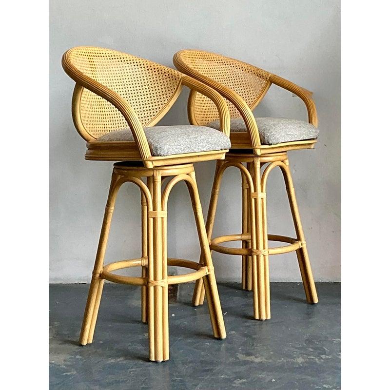 Space Age Vintage Boho Cane Bar Stools - A Pair For Sale