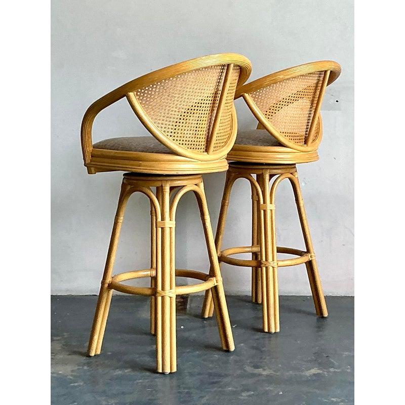 American Vintage Boho Cane Bar Stools - A Pair For Sale
