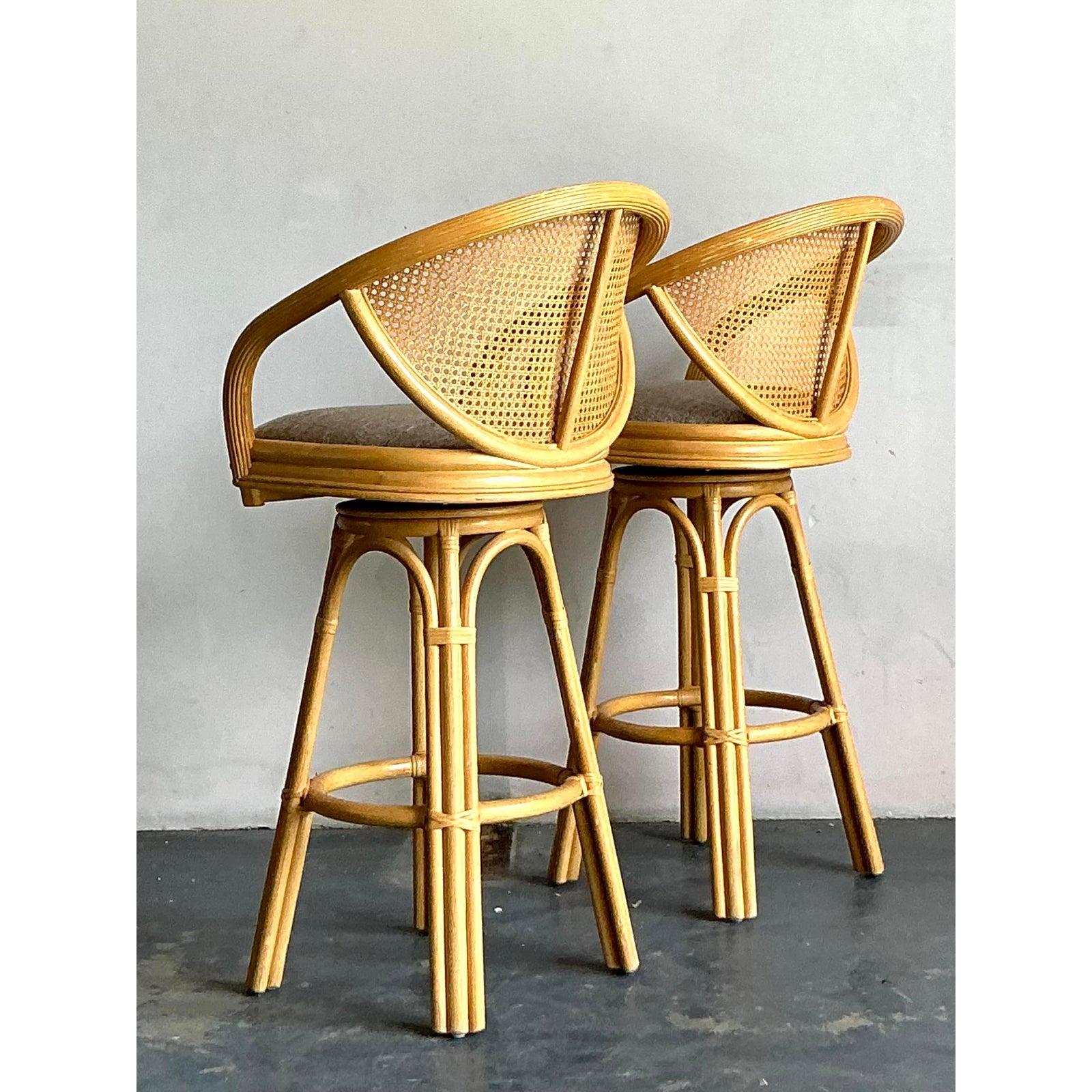 20th Century Vintage Boho Cane Bar Stools - A Pair For Sale