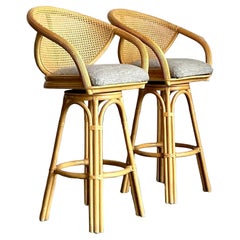 Vintage Boho Cane Bar Stools - A Pair