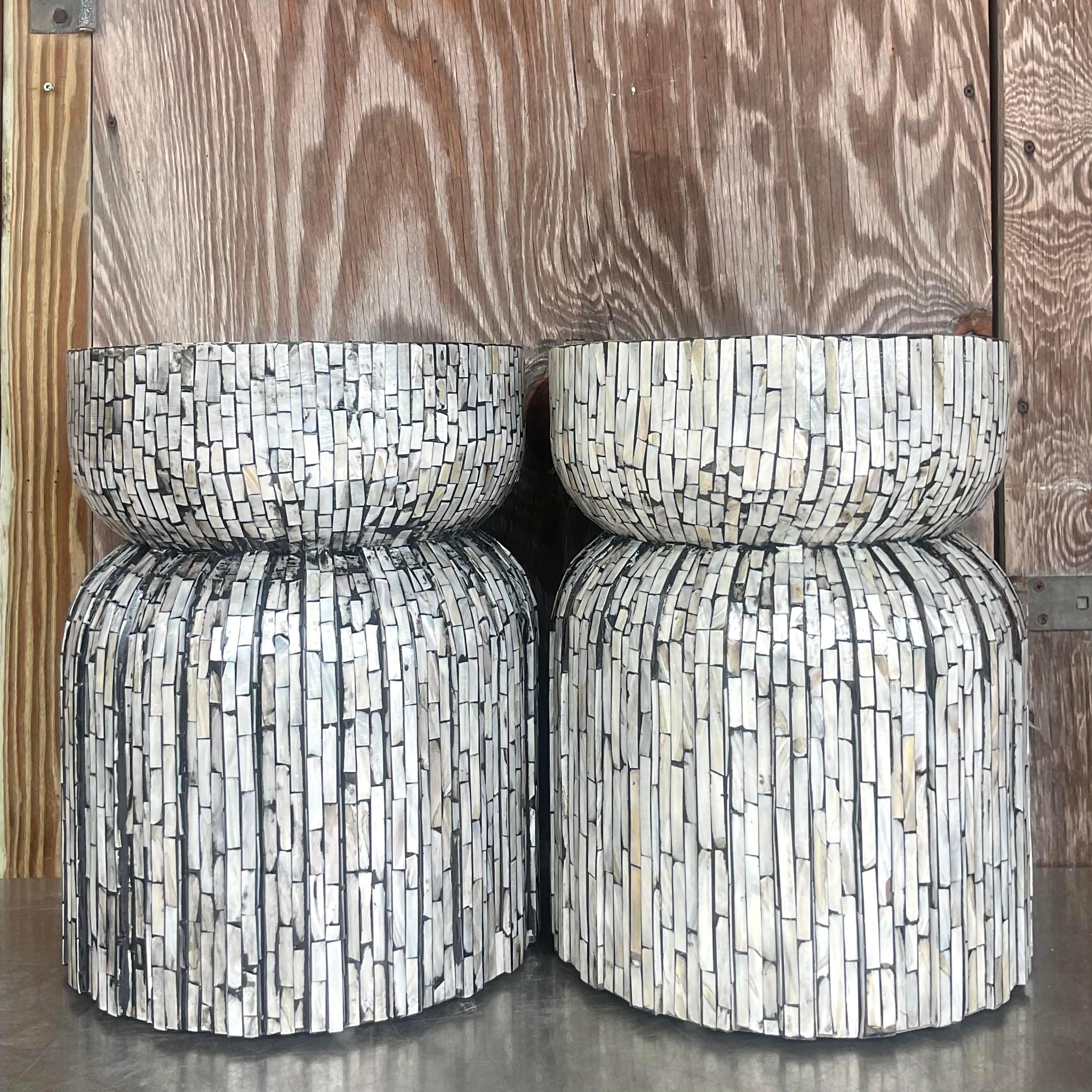 Vintage Boho Capiz Shell Low Stools - a Pair In Good Condition For Sale In west palm beach, FL