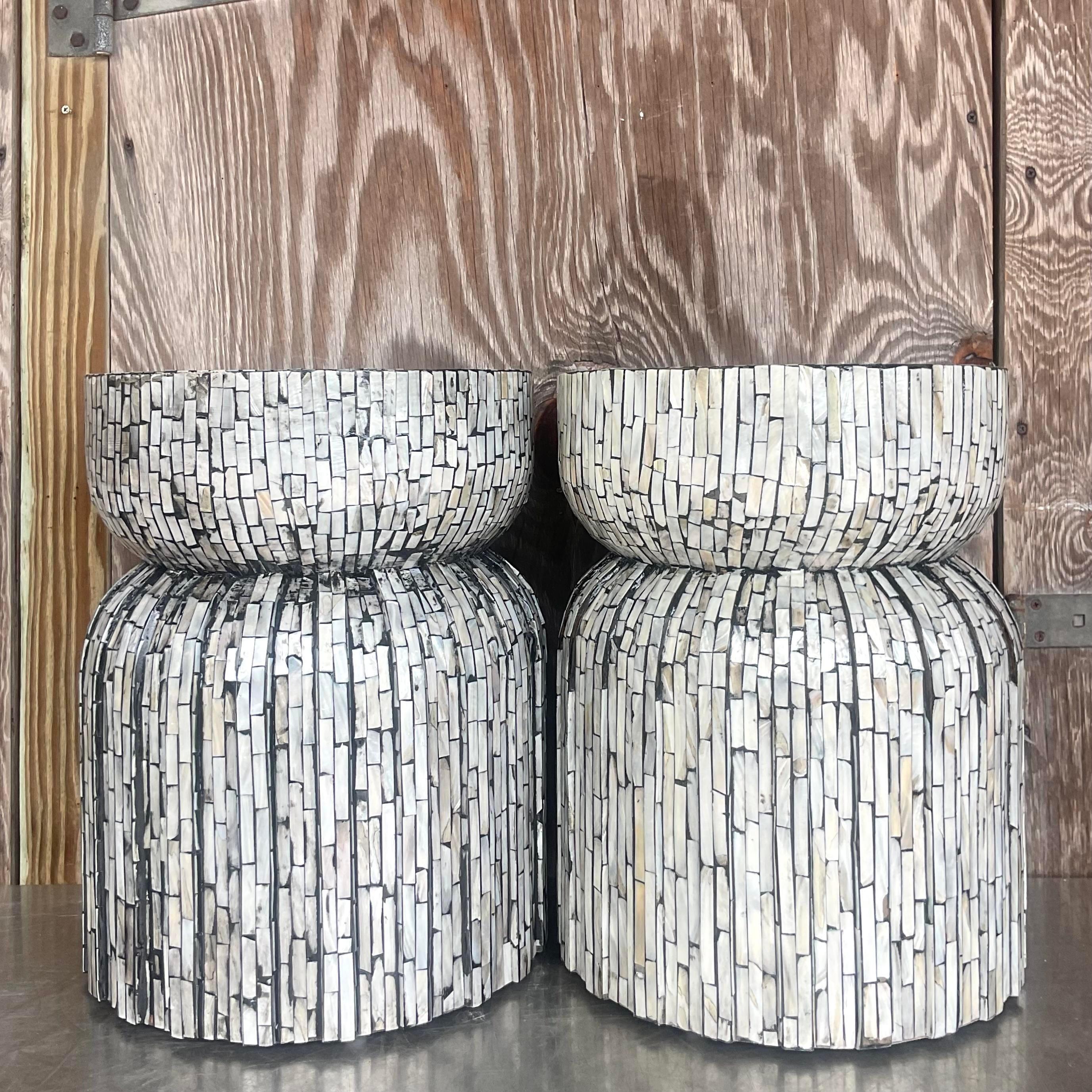 20th Century Vintage Boho Capiz Shell Low Stools - a Pair For Sale