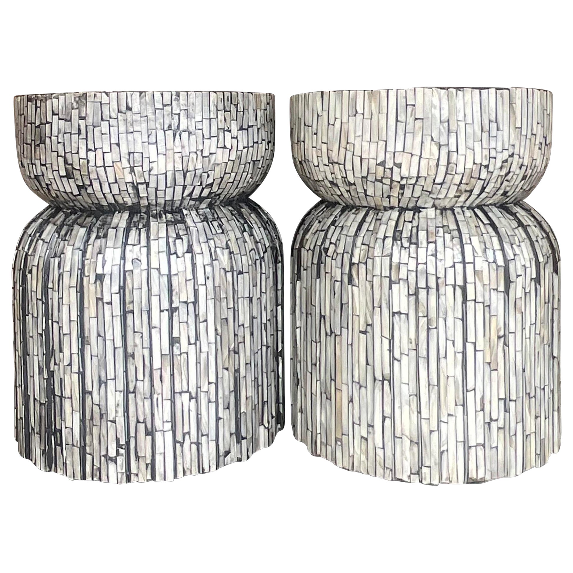 Vintage Boho Capiz Shell Low Stools - a Pair For Sale