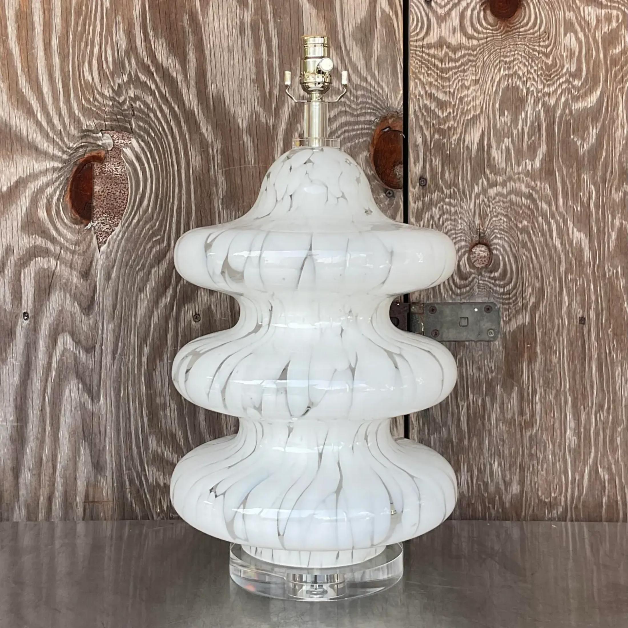 A fabulous vintage Boho table lamp. Designed by Carlo Nason for Mezzaga Murano. A chic three tier Murano glass shape on a lucite plinth. Fully restored with all new hardware and wiring.