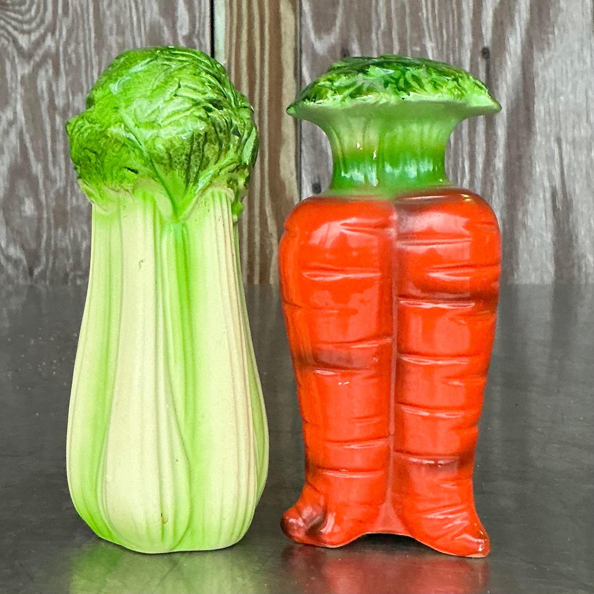 Mettez du piquant sur votre table avec ce set de salière et poivrière Vintage Boho Carrots and Celery. Ces charmants shakers peints à la main apportent une touche de fantaisie et d'élégance rustique à vos repas. Parfaites pour ajouter de la saveur