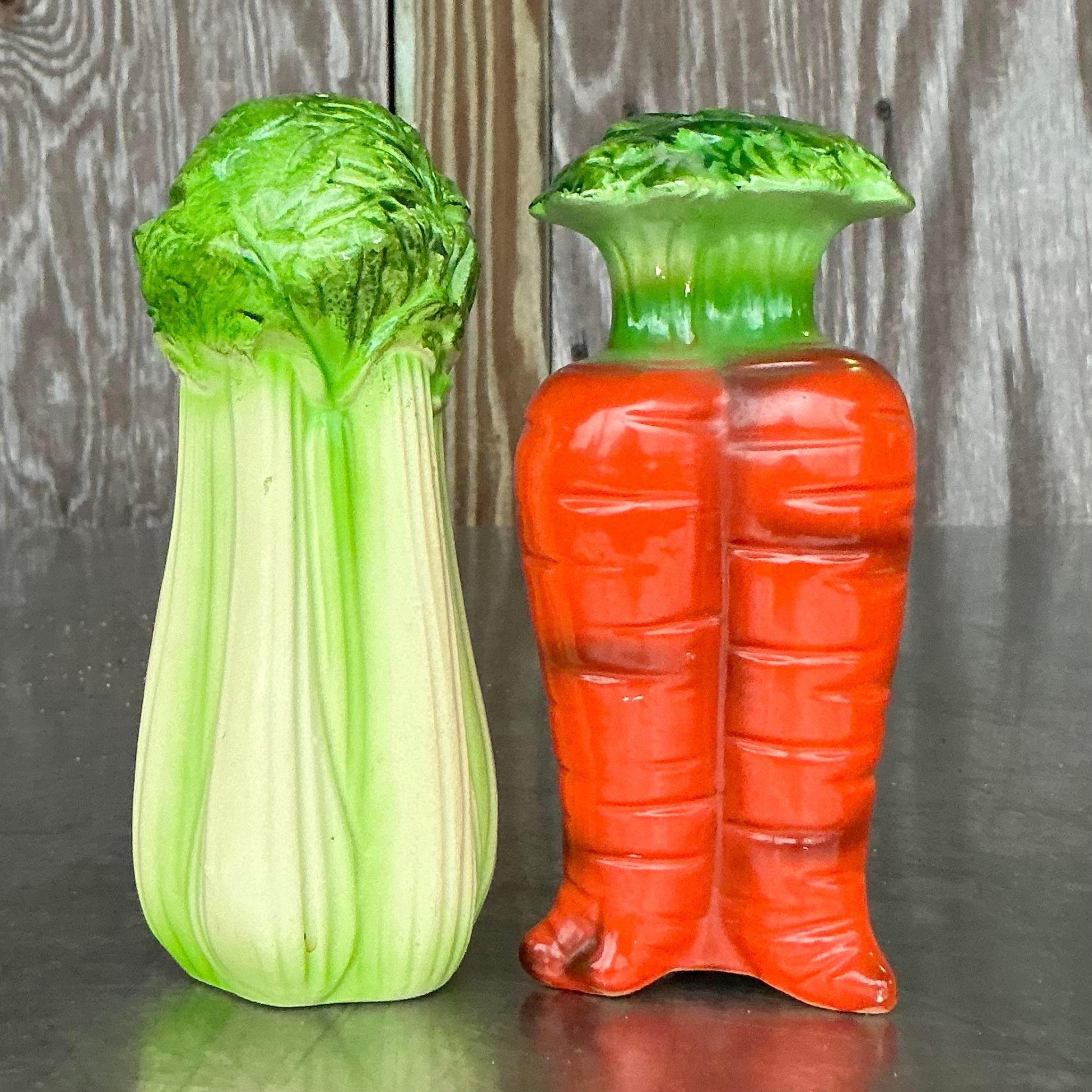 Mid-Century Modern Set de salières et poivrières vintage Boho Carrots and Celery en vente