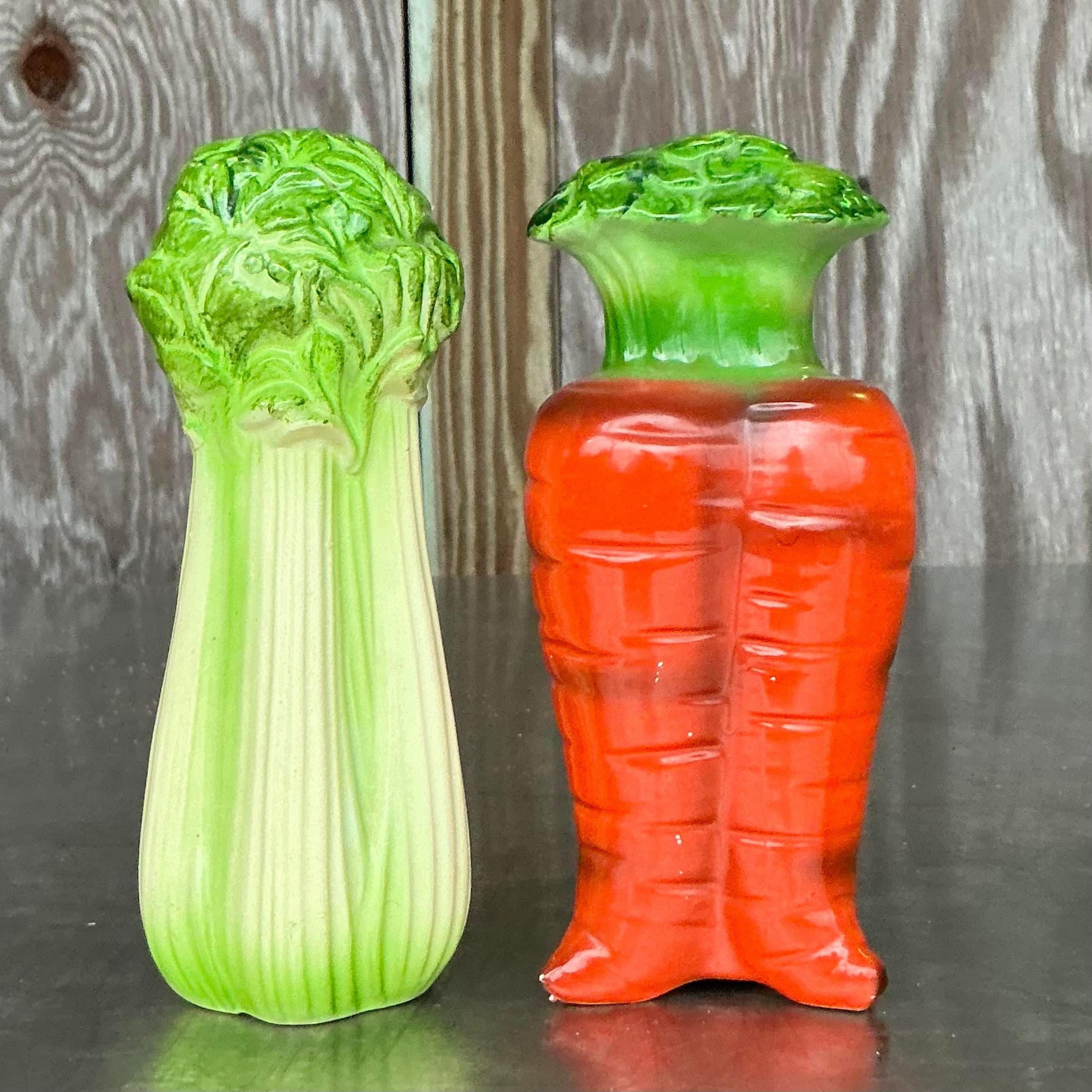 Américain Set de salières et poivrières vintage Boho Carrots and Celery en vente