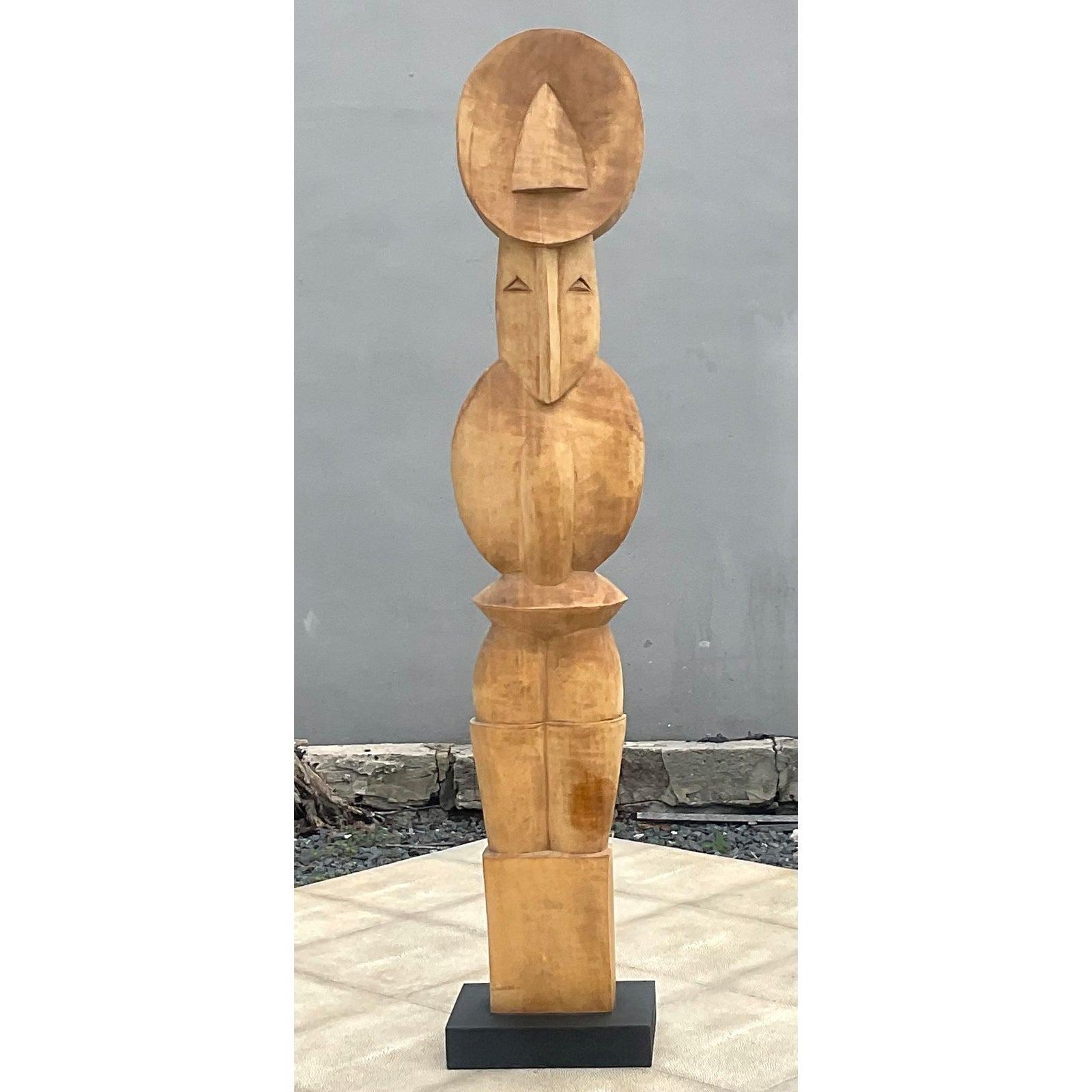 Wood Vintage Boho Carved Abstract Totem Sculpture