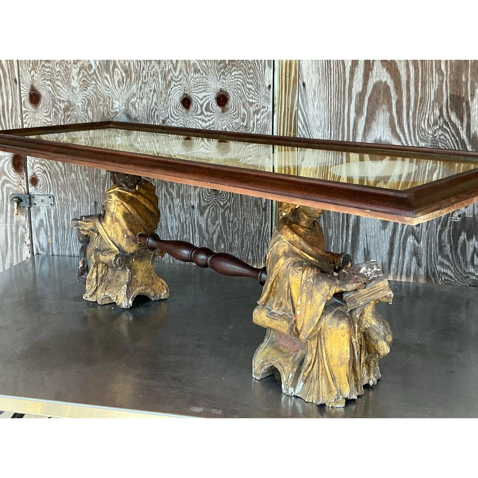 Vintage Boho Carved Angel Coffee Table For Sale 5