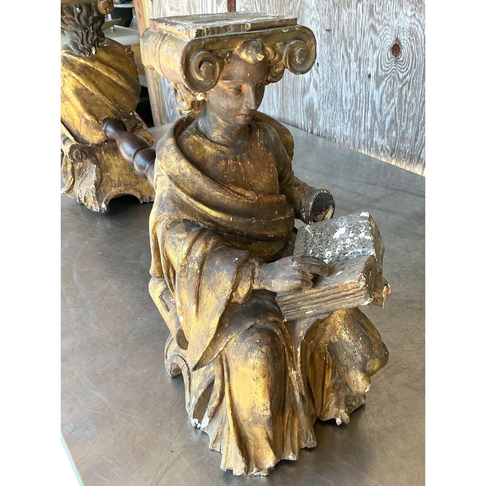 American Vintage Boho Carved Angel Coffee Table For Sale