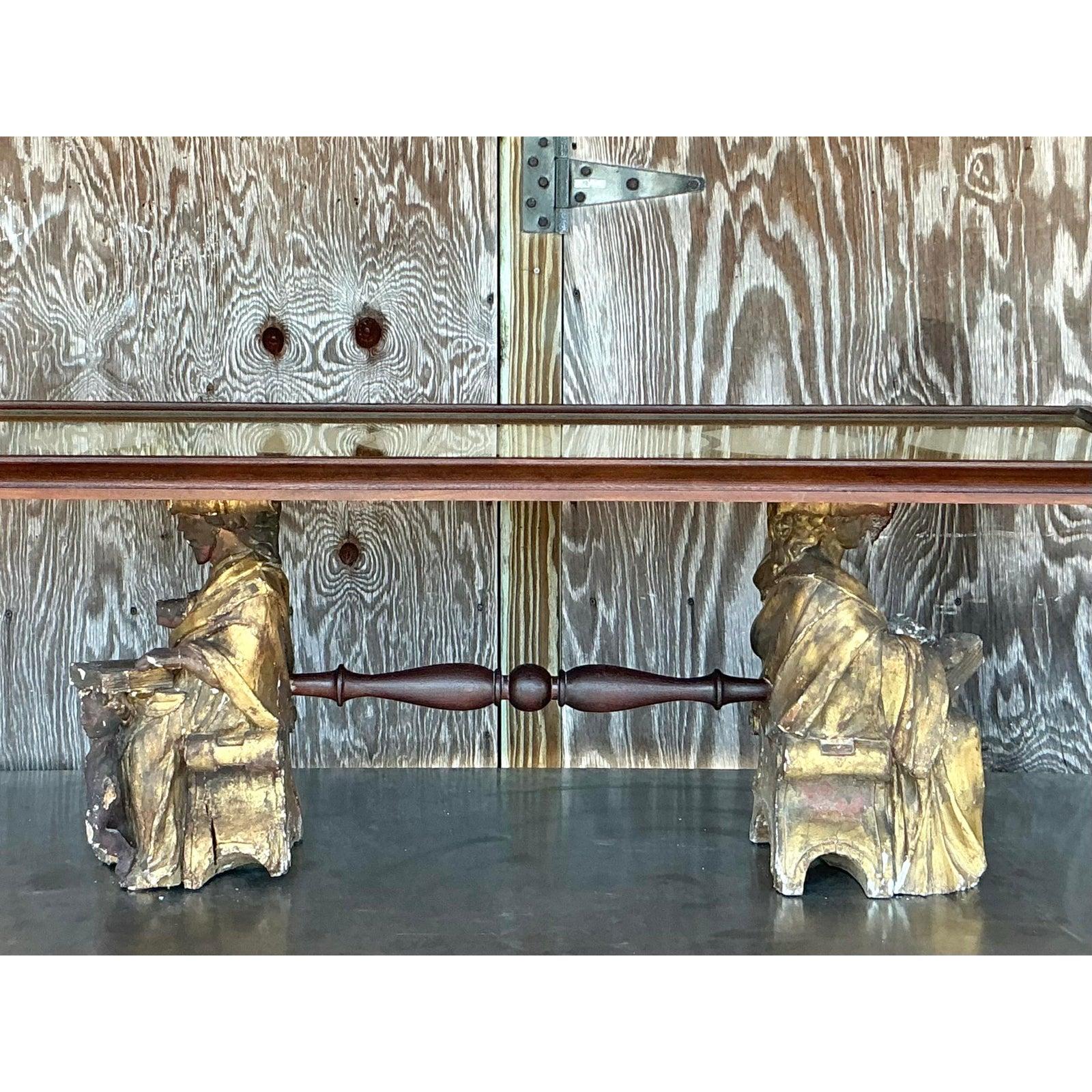 Vintage Boho Carved Angel Coffee Table In Good Condition For Sale In west palm beach, FL