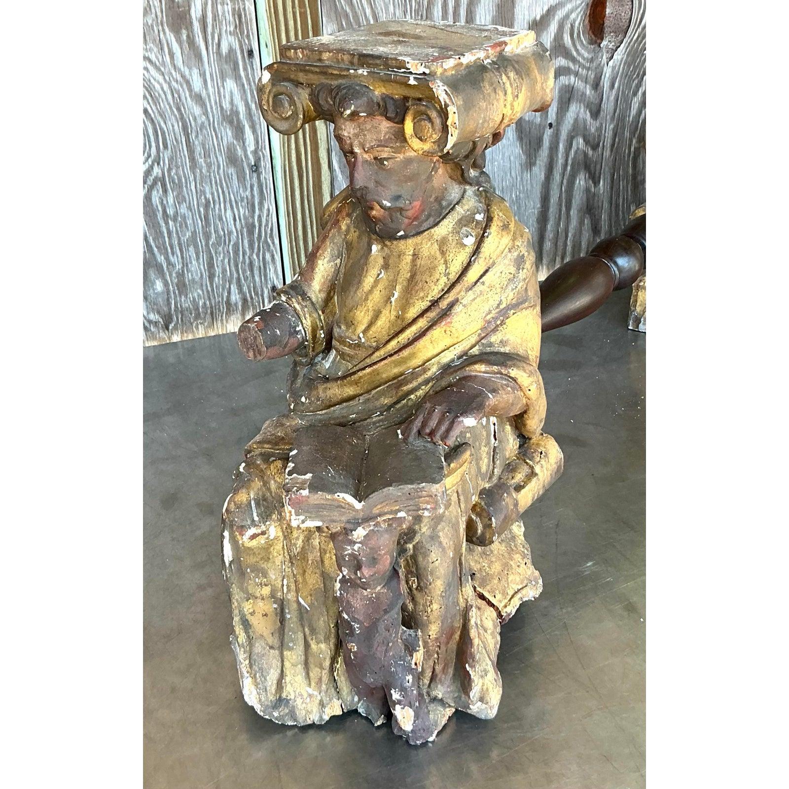 20th Century Vintage Boho Carved Angel Coffee Table For Sale