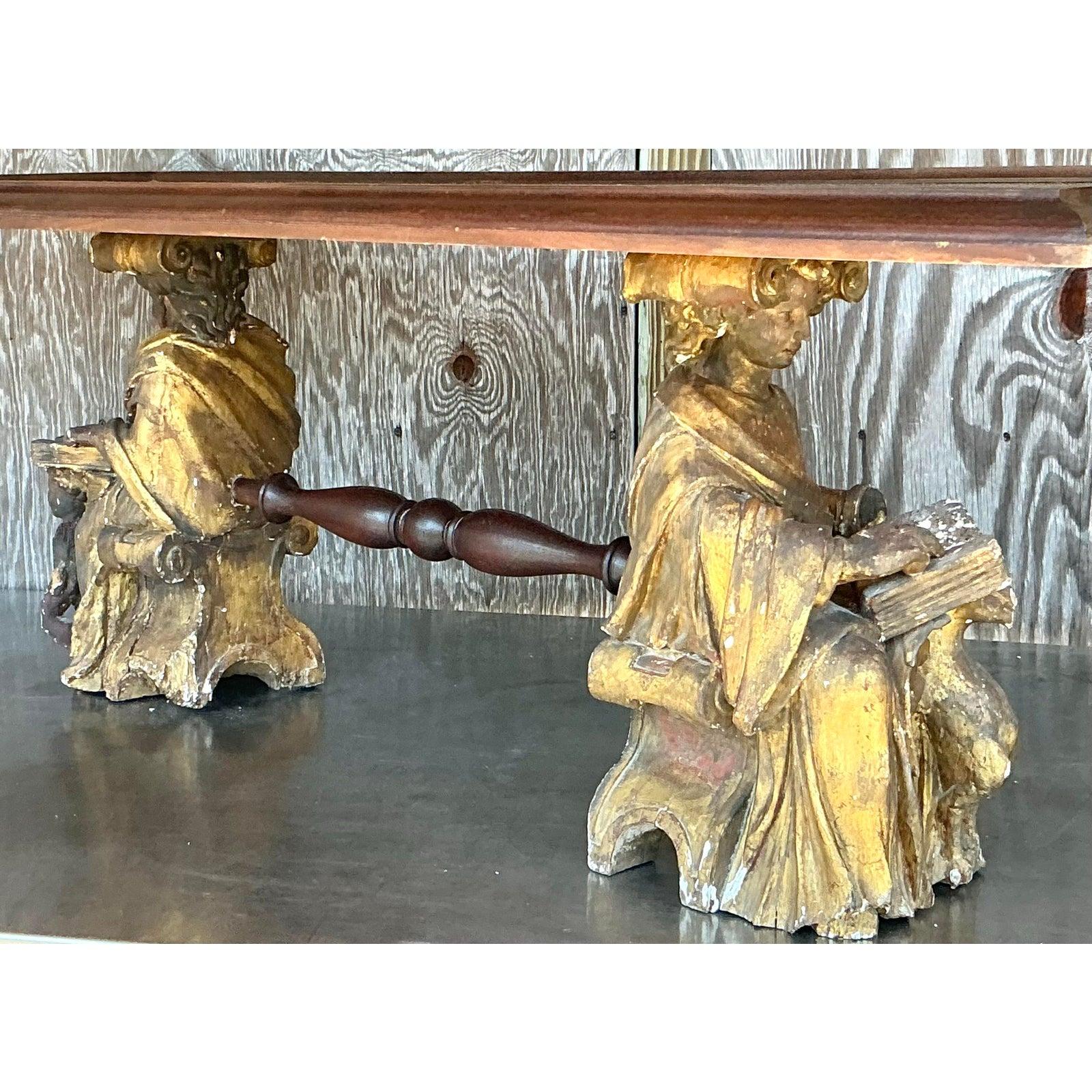 Glass Vintage Boho Carved Angel Coffee Table For Sale