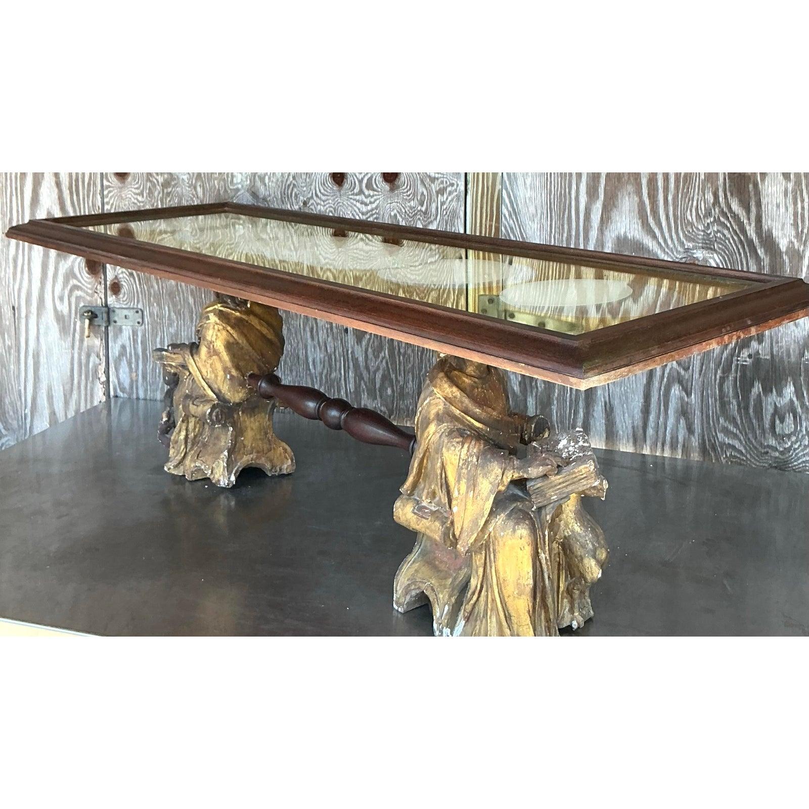 Vintage Boho Carved Angel Coffee Table For Sale 2