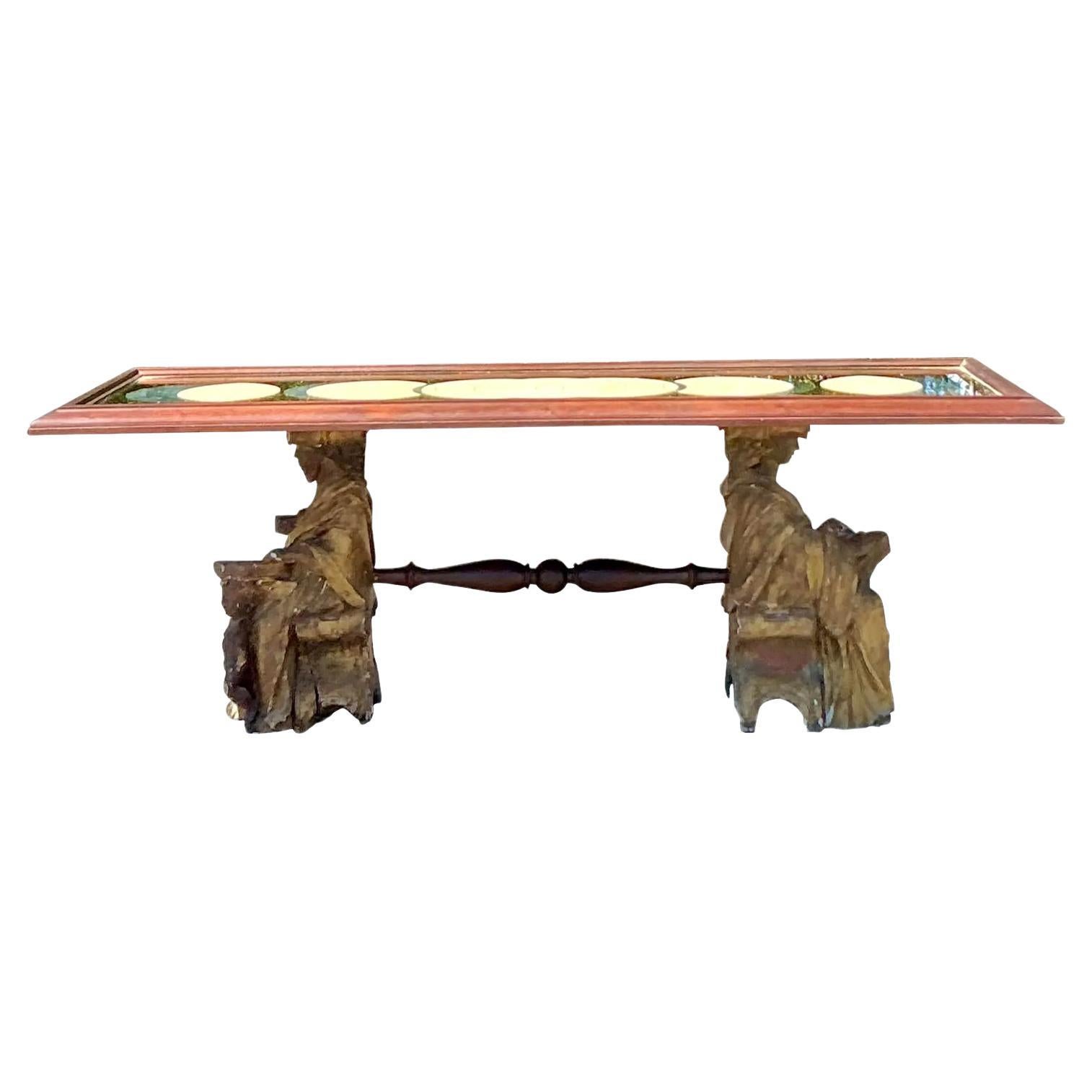 Vintage Boho Carved Angel Coffee Table For Sale