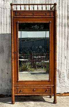 Vintage Boho Carved Bamboo Armoire