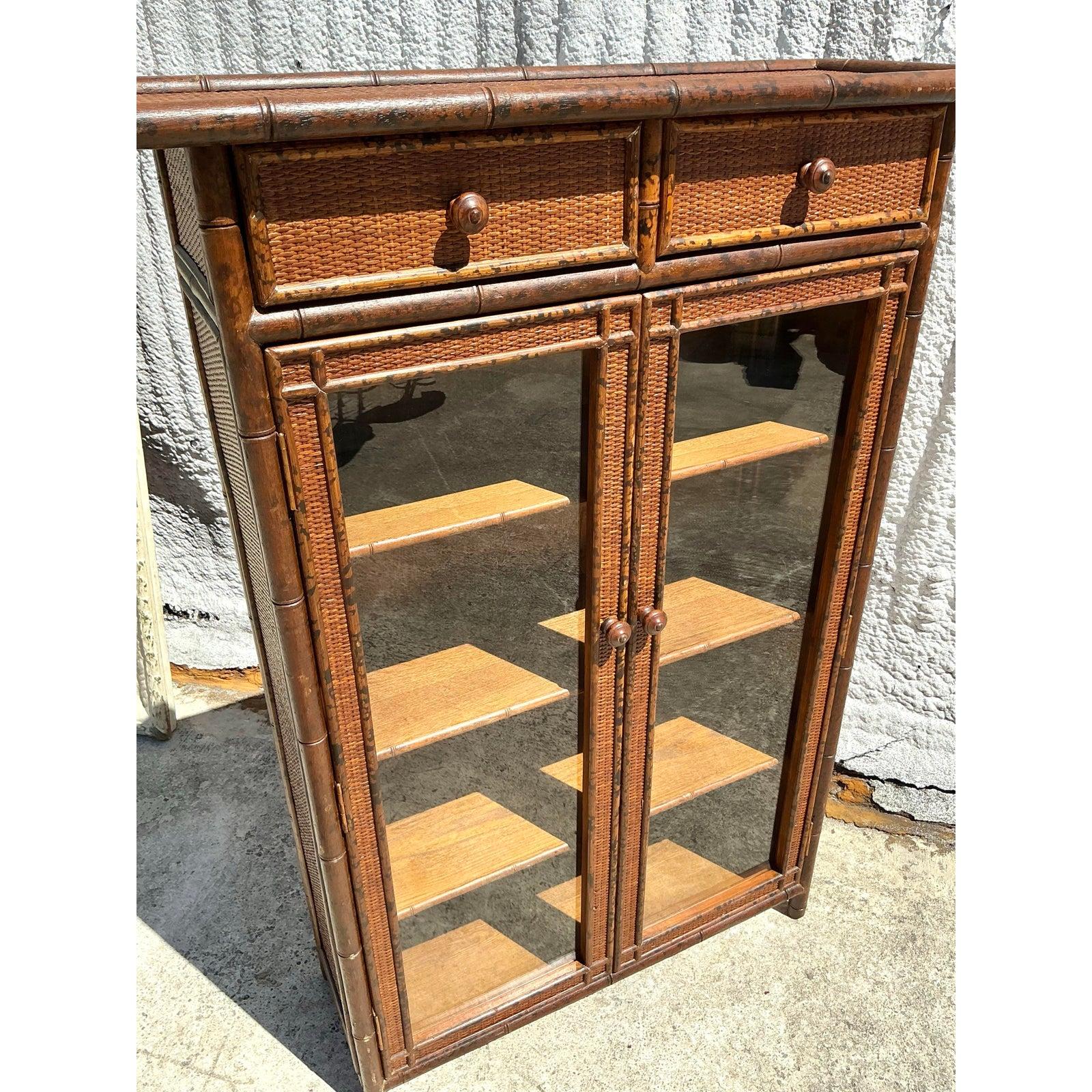 Mid-Century Modern Vintage Boho Carved Bamboo Cabinet For Sale