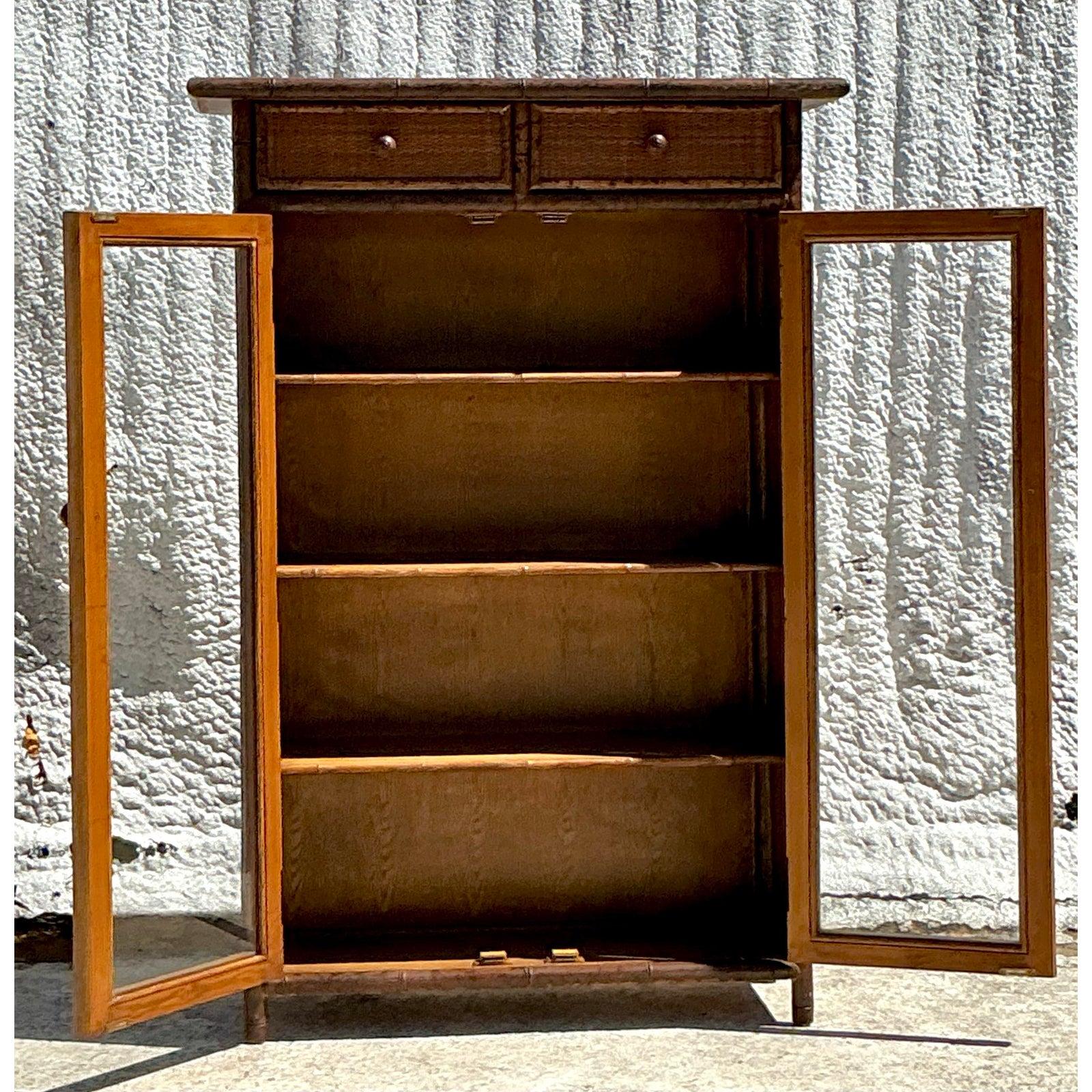 Vintage Boho Carved Bamboo Cabinet In Good Condition For Sale In West Palm Beach, FL