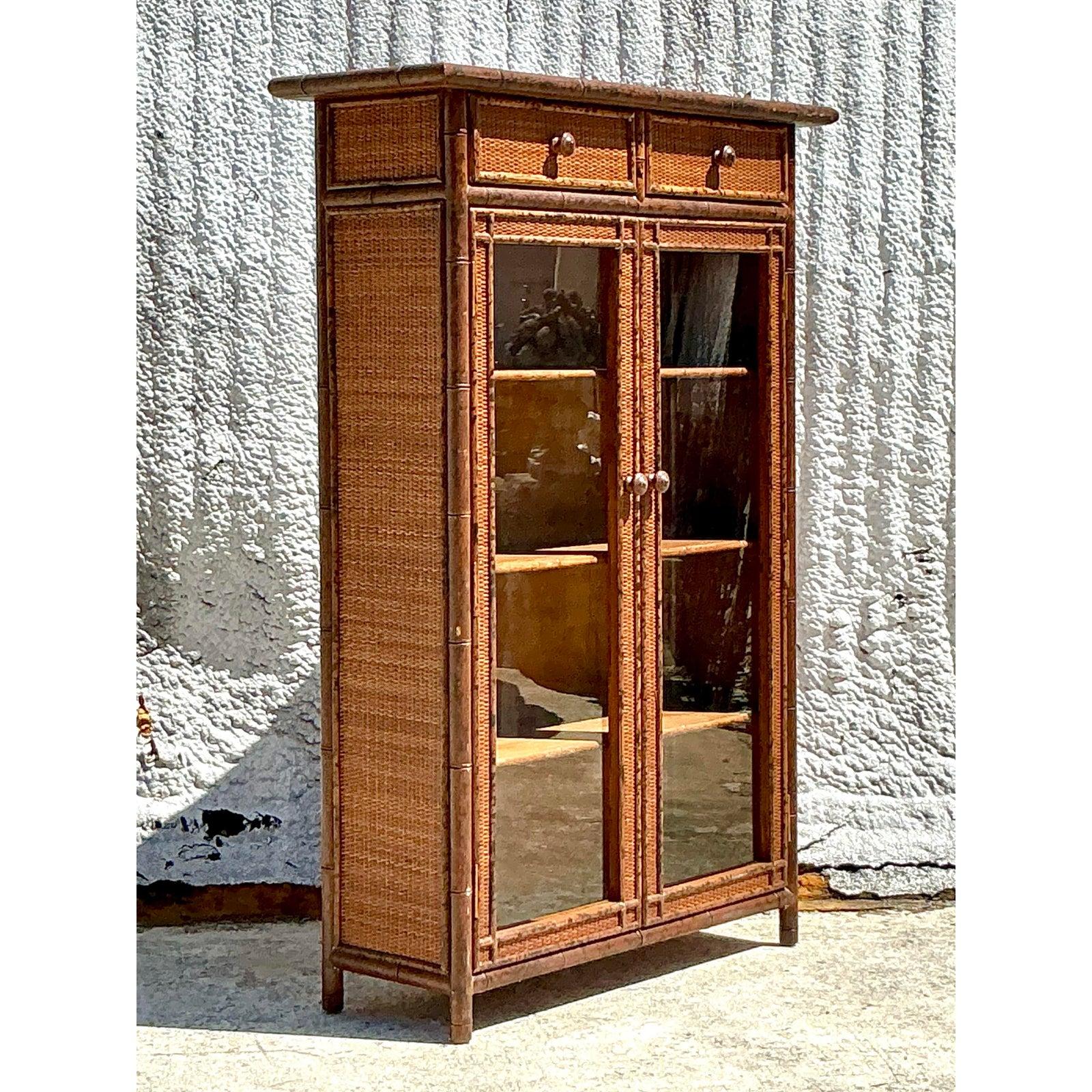 20th Century Vintage Boho Carved Bamboo Cabinet For Sale