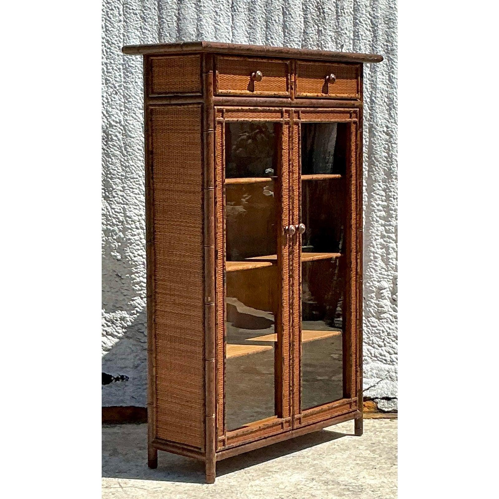 Vintage Boho Carved Bamboo Cabinet For Sale 1