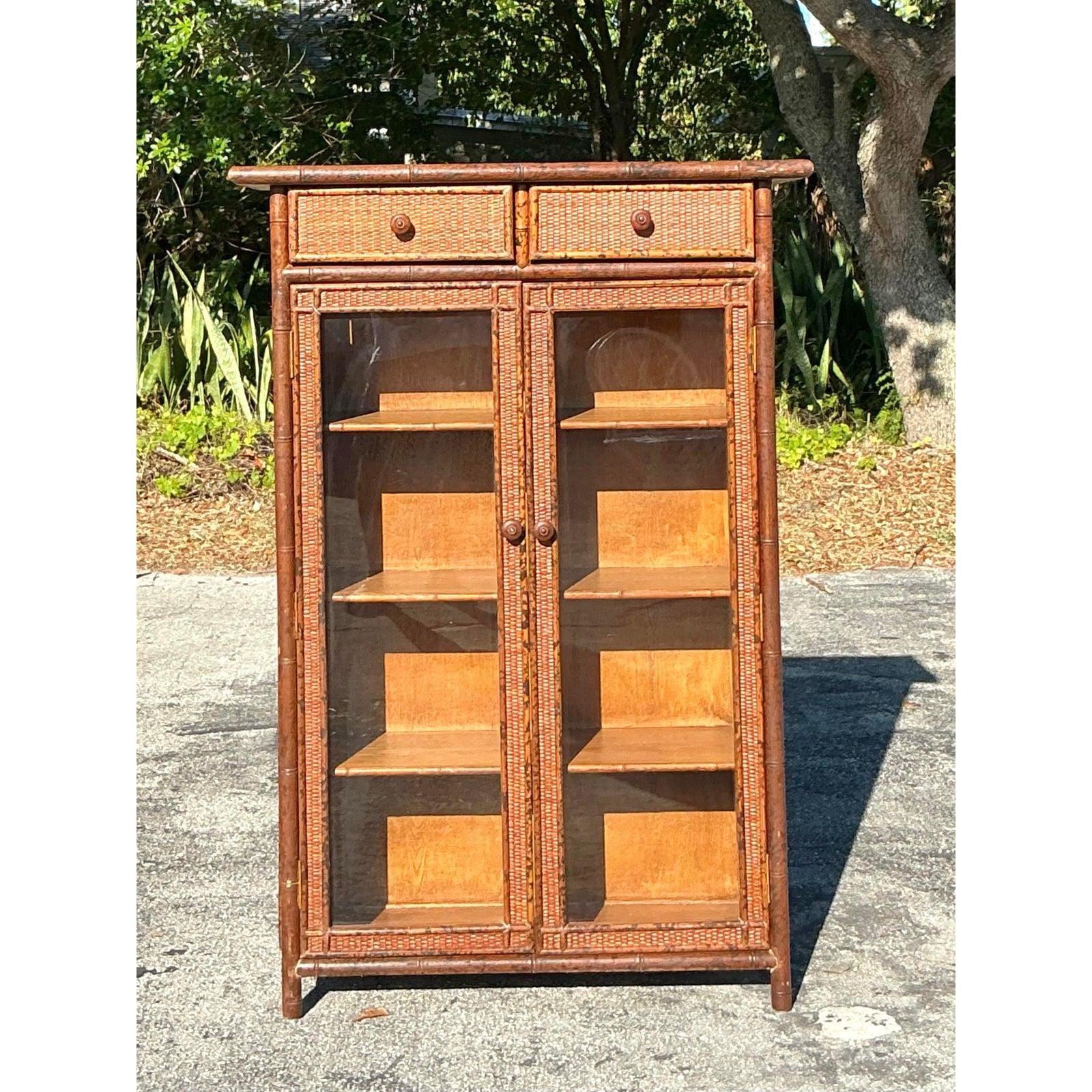 Vintage Boho Carved Bamboo Cabinet For Sale 2