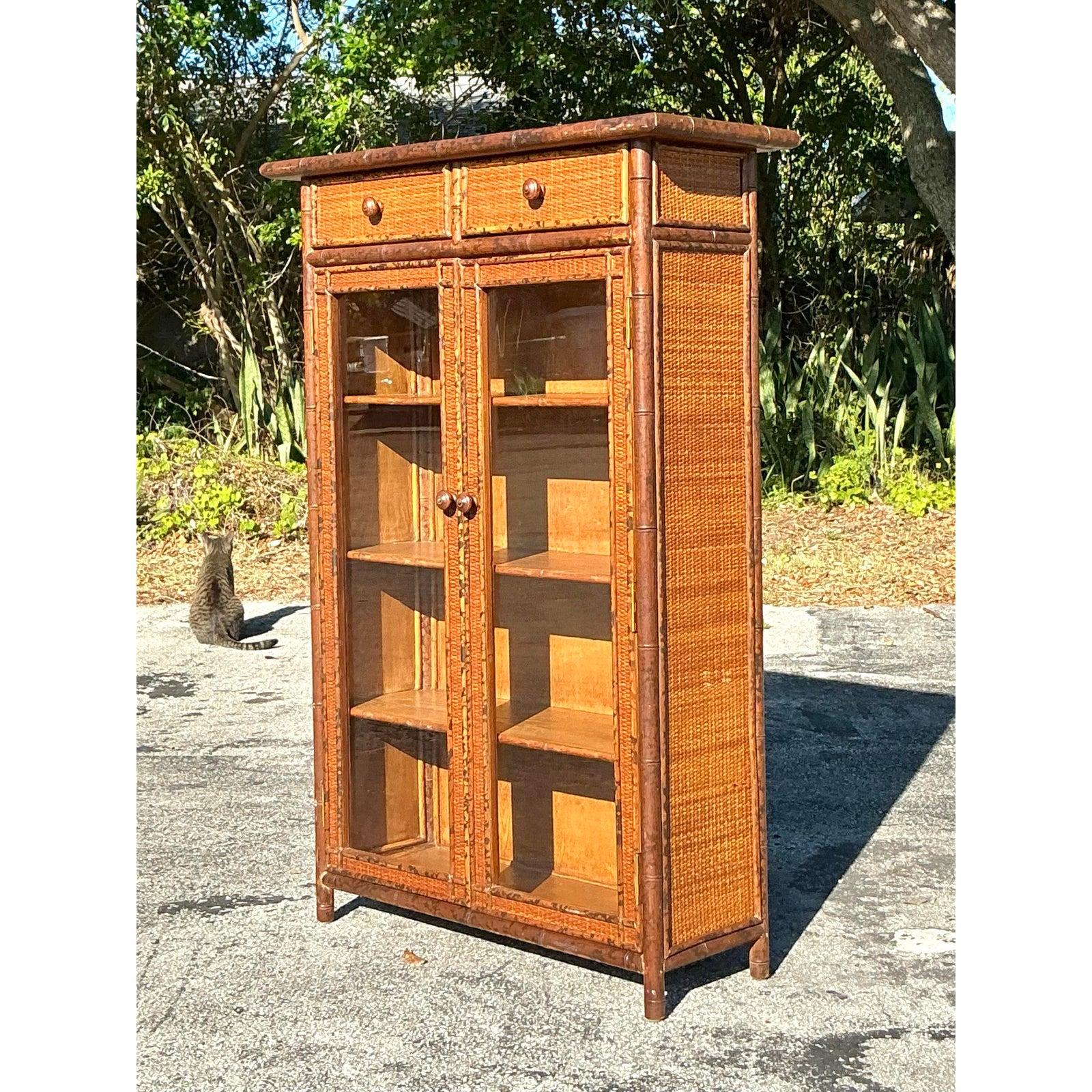 Vintage Boho Carved Bamboo Cabinet For Sale 3