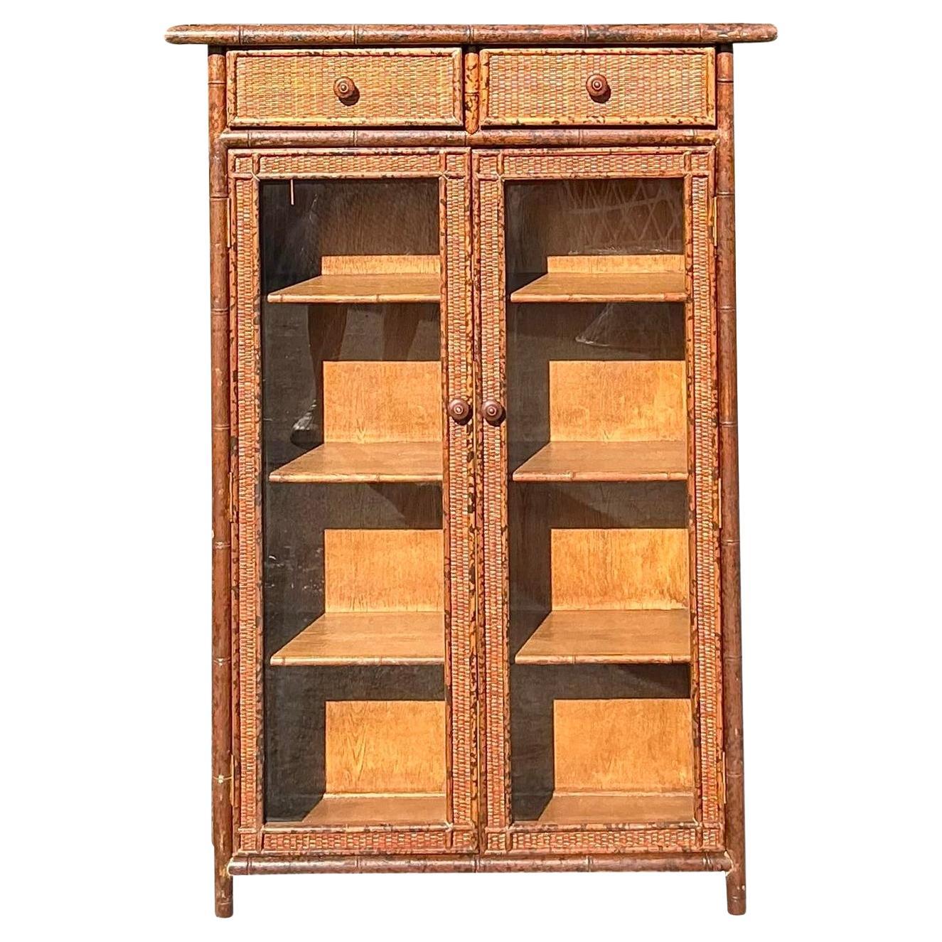 Vintage Boho Carved Bamboo Cabinet