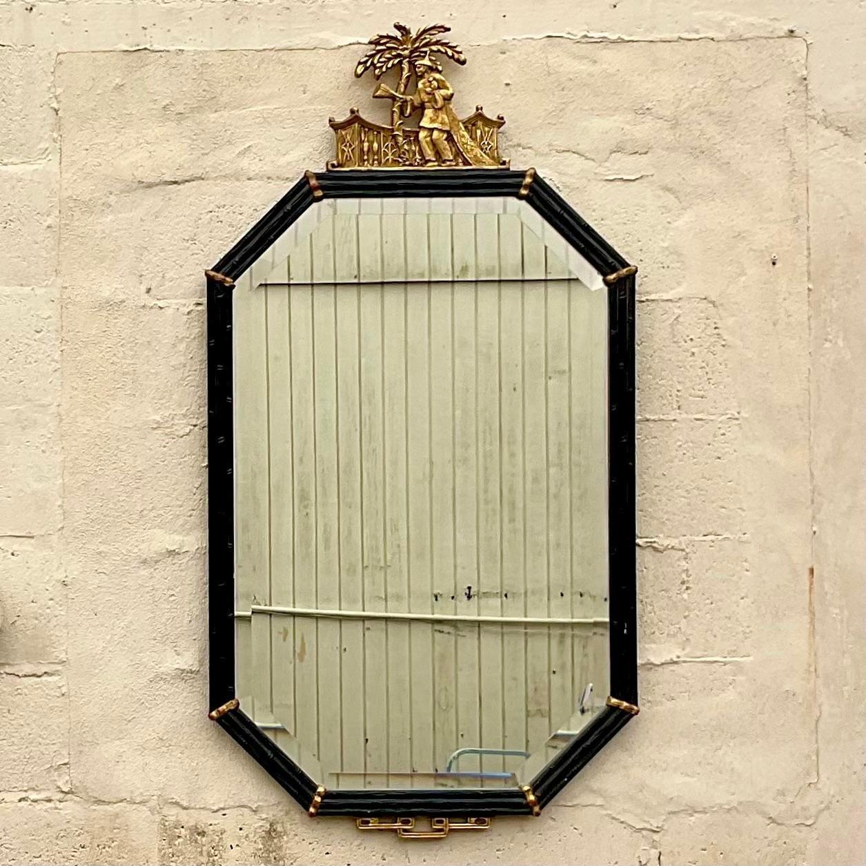Vintage Boho Carved Bamboo Gilt Tipped Mirror In Good Condition In west palm beach, FL