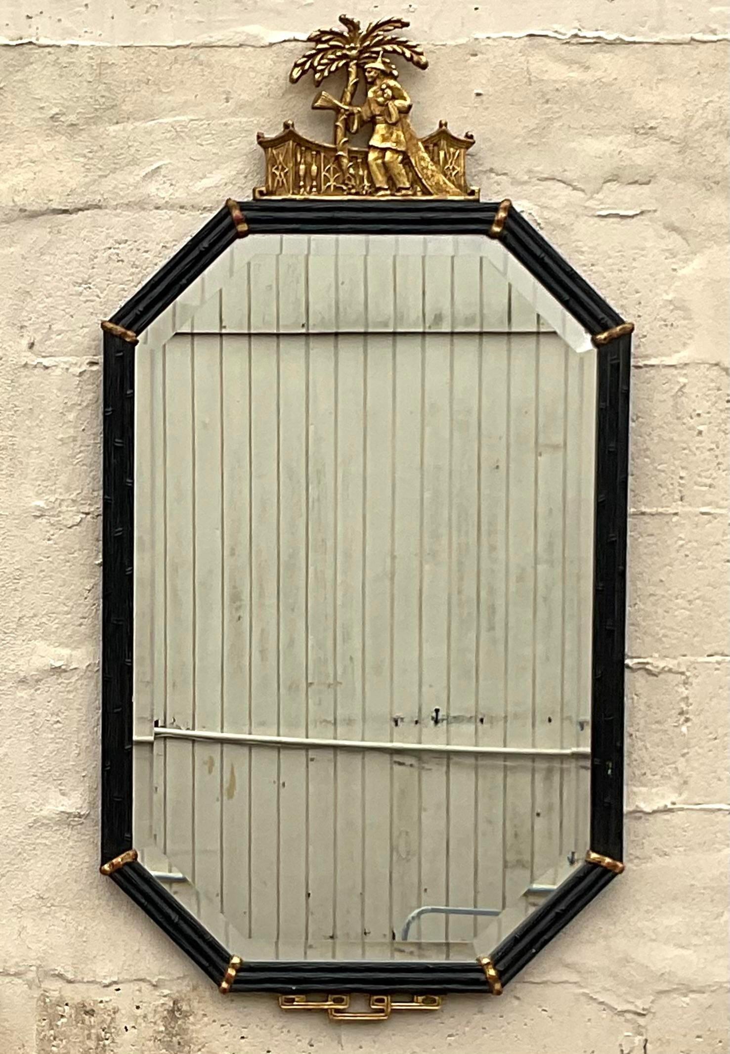Vintage Boho Carved Bamboo Gilt Tipped Mirror 1