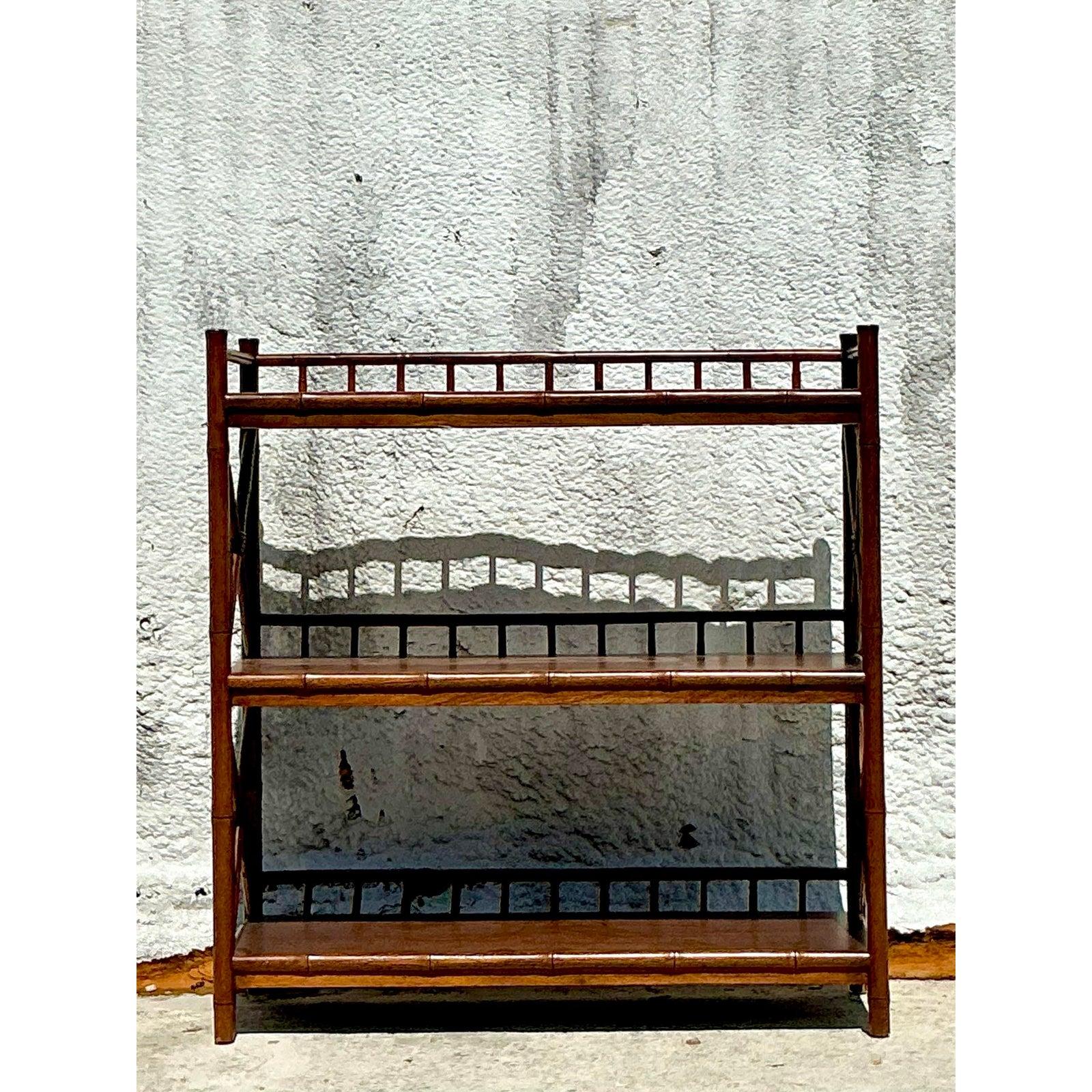 Mid-Century Modern Vintage Boho Carved Bamboo Low Etagere For Sale