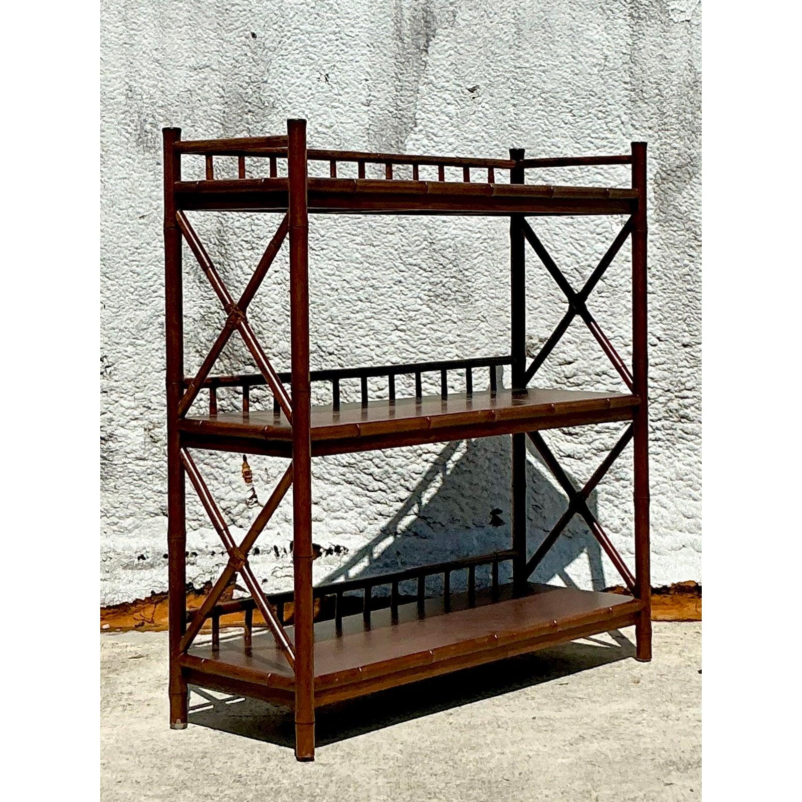 Philippine Vintage Boho Carved Bamboo Low Etagere For Sale