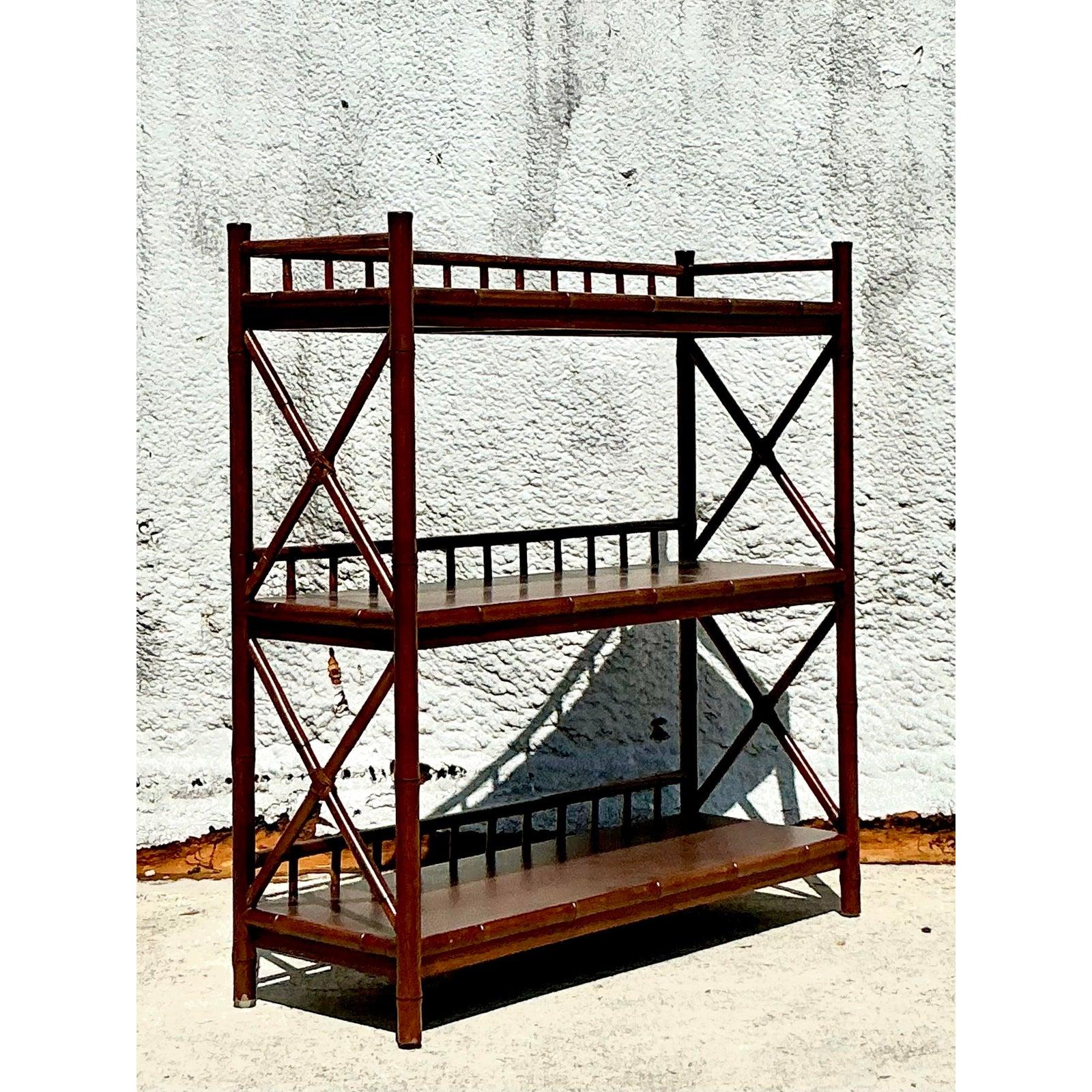 Vintage Boho Carved Bamboo Low Etagere In Good Condition For Sale In West Palm Beach, FL