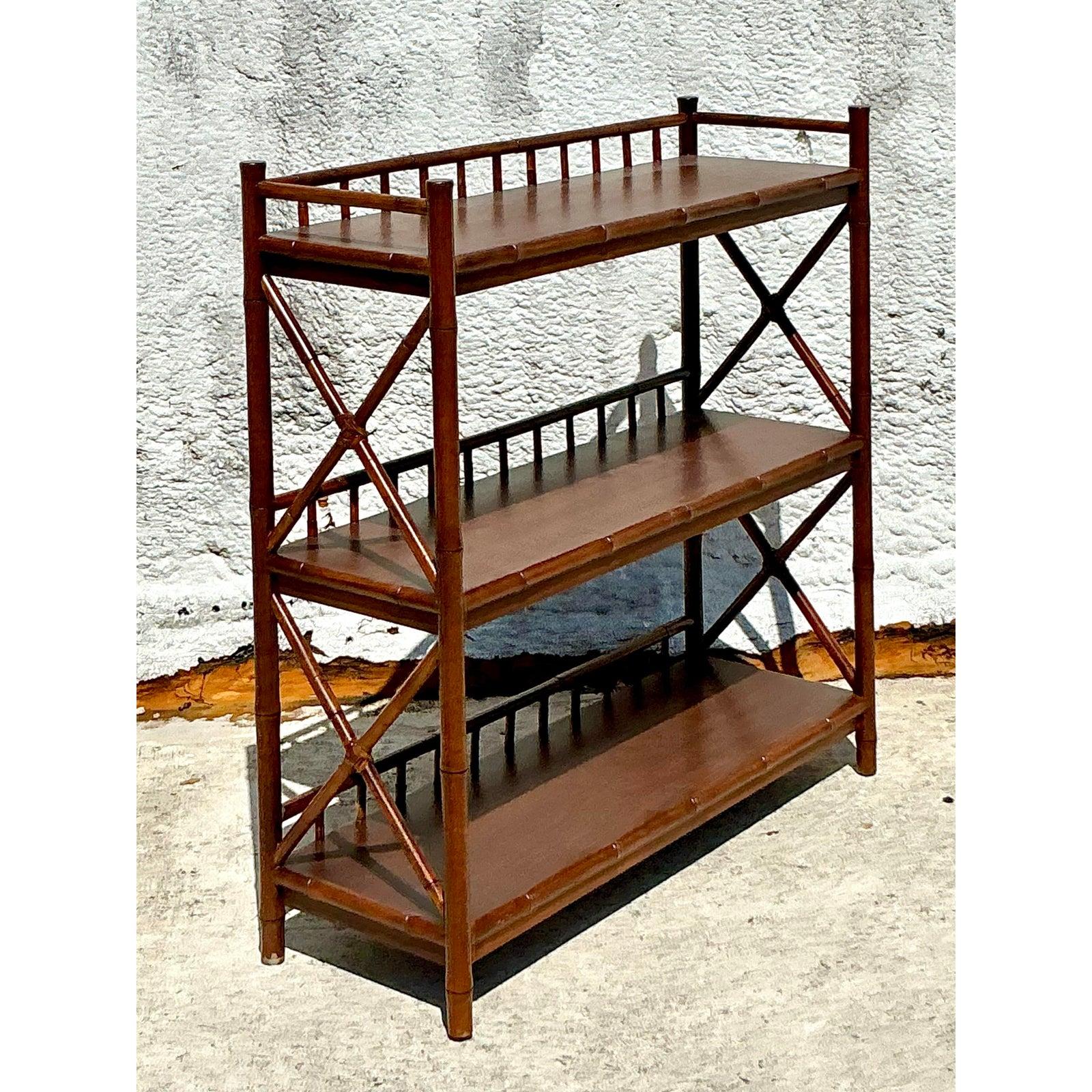 20th Century Vintage Boho Carved Bamboo Low Etagere For Sale