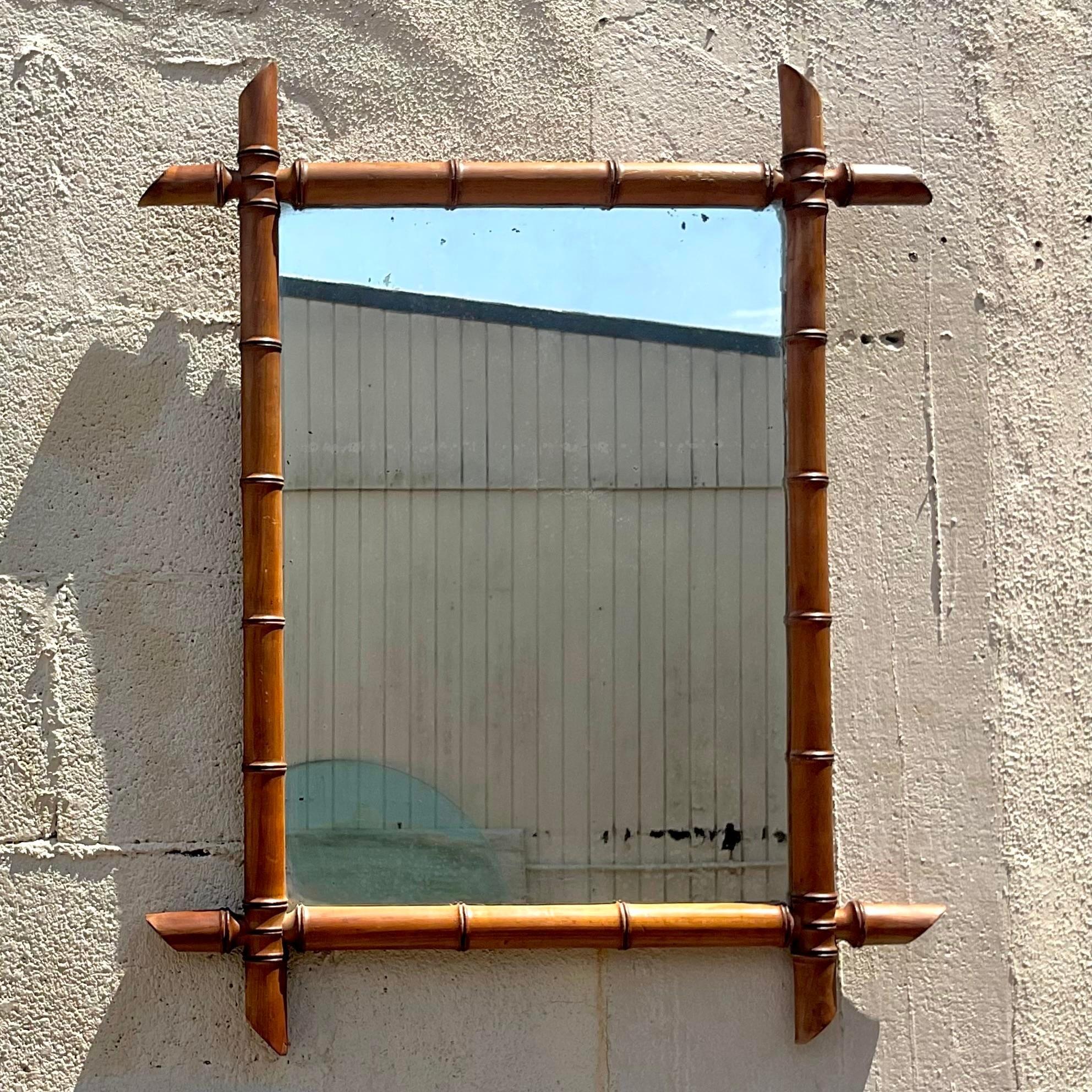 American Vintage Boho Carved Bamboo Mirror For Sale
