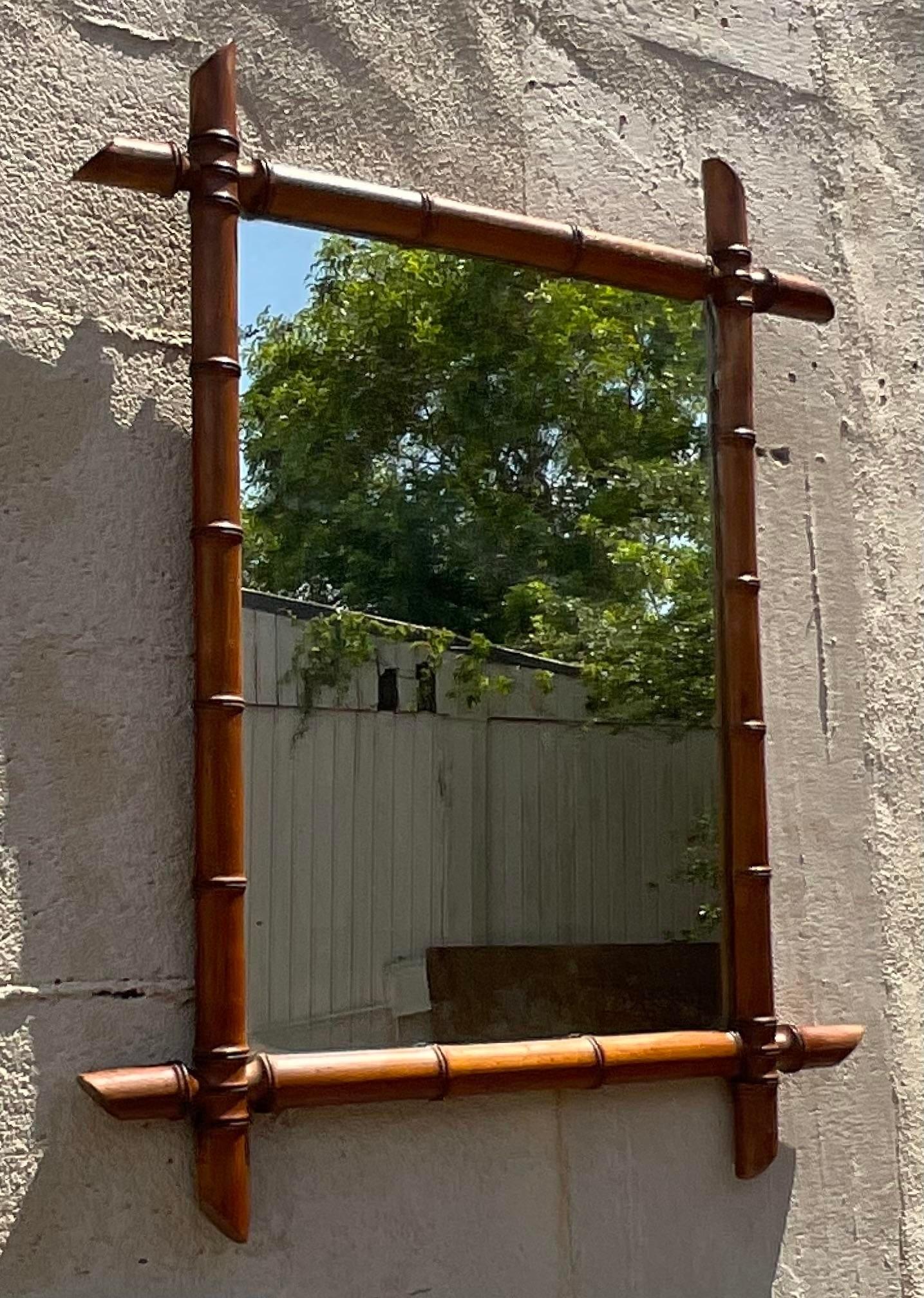 Vintage Boho Carved Bamboo Mirror In Good Condition For Sale In west palm beach, FL
