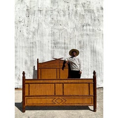 Vintage Boho Carved Bamboo Queen Bed Frame