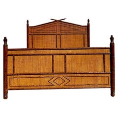 Vintage Boho Carved Bamboo Queen Bed Frame