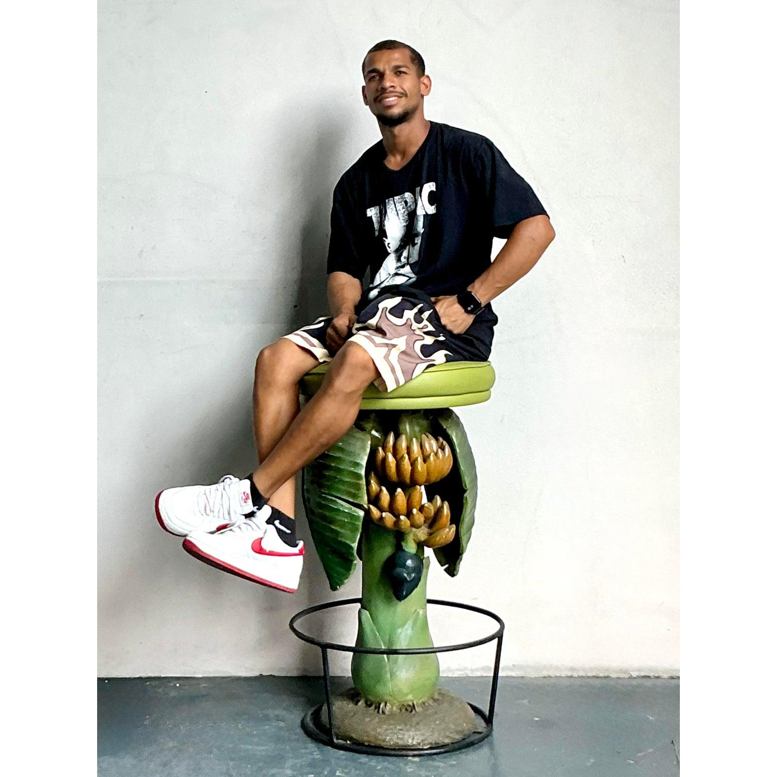 Hollywood Regency Vintage Boho Carved Banana Tree Stool For Sale