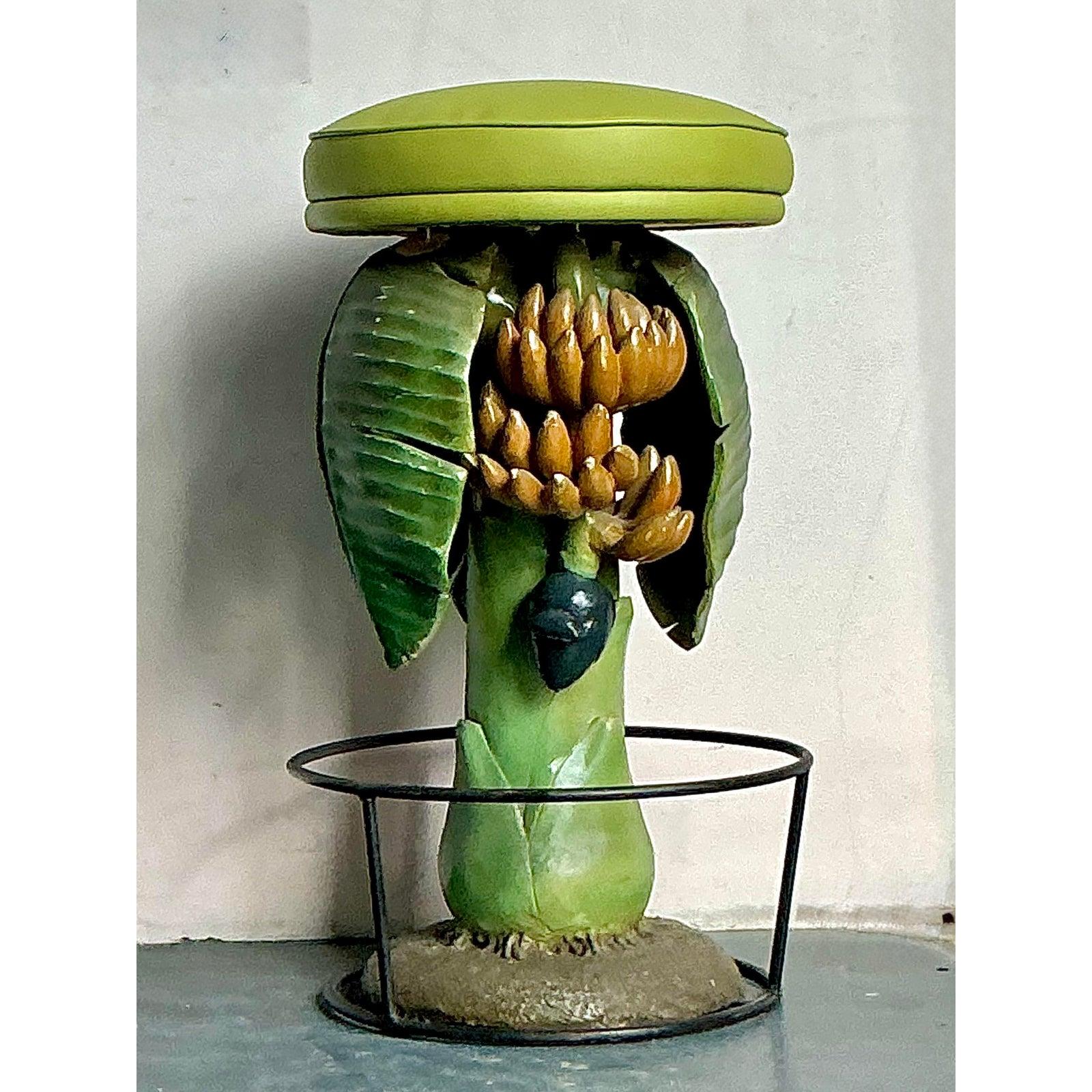 American Vintage Boho Carved Banana Tree Stool For Sale