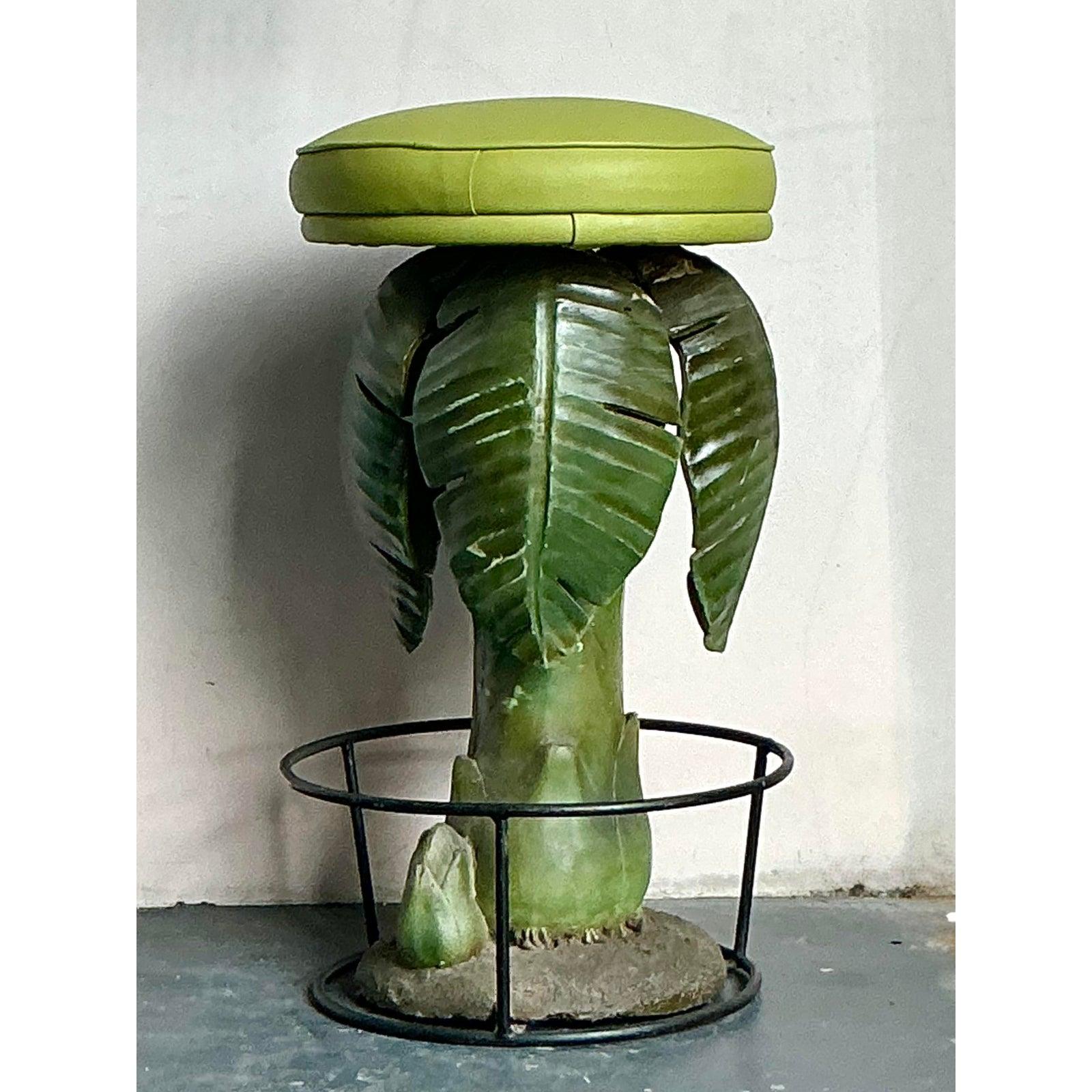 Vintage Boho Carved Banana Tree Stool In Good Condition For Sale In West Palm Beach, FL