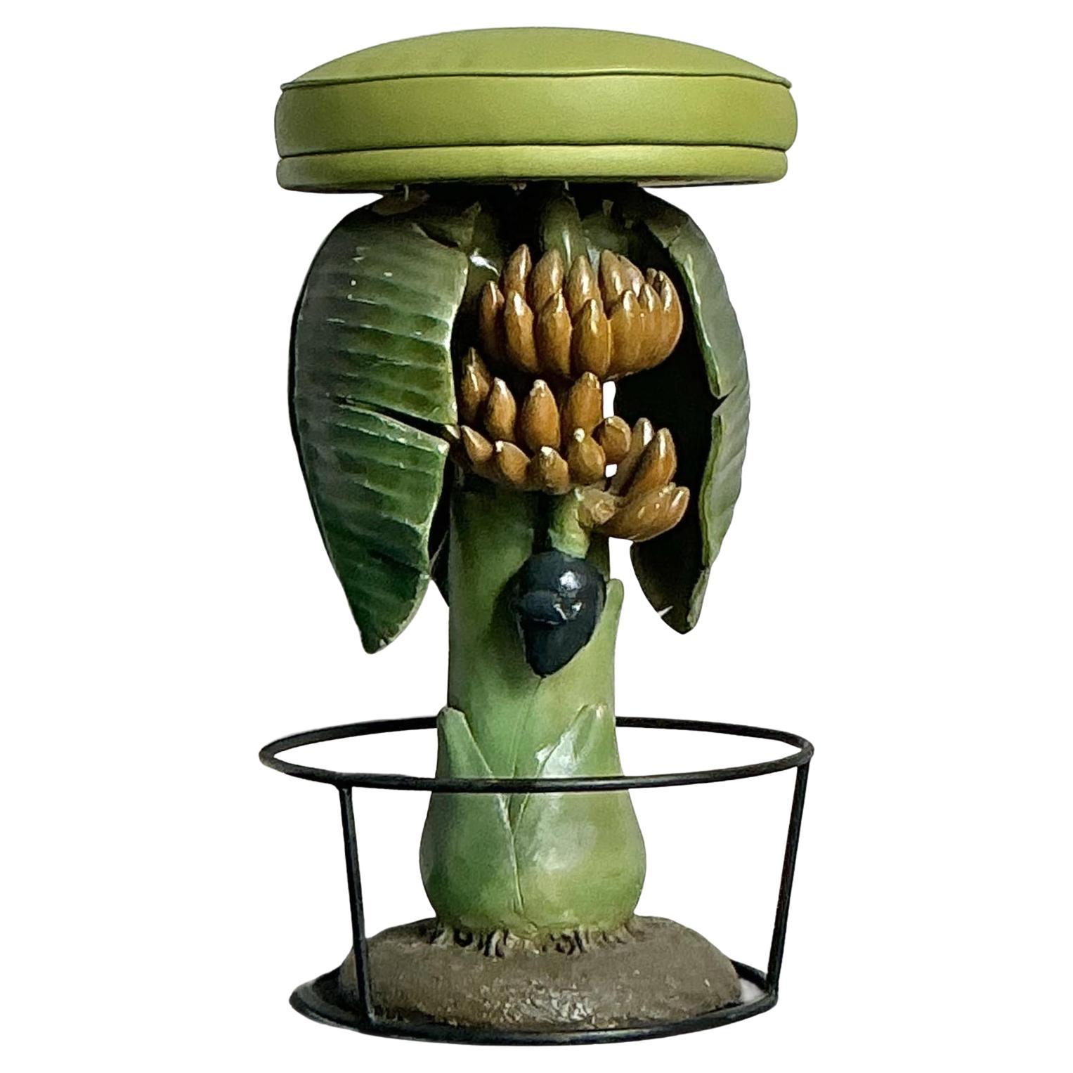 Vintage Boho Carved Banana Tree Stool For Sale