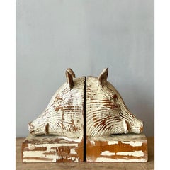 Vintage Boho Carved Boar Bookends - Set of 2