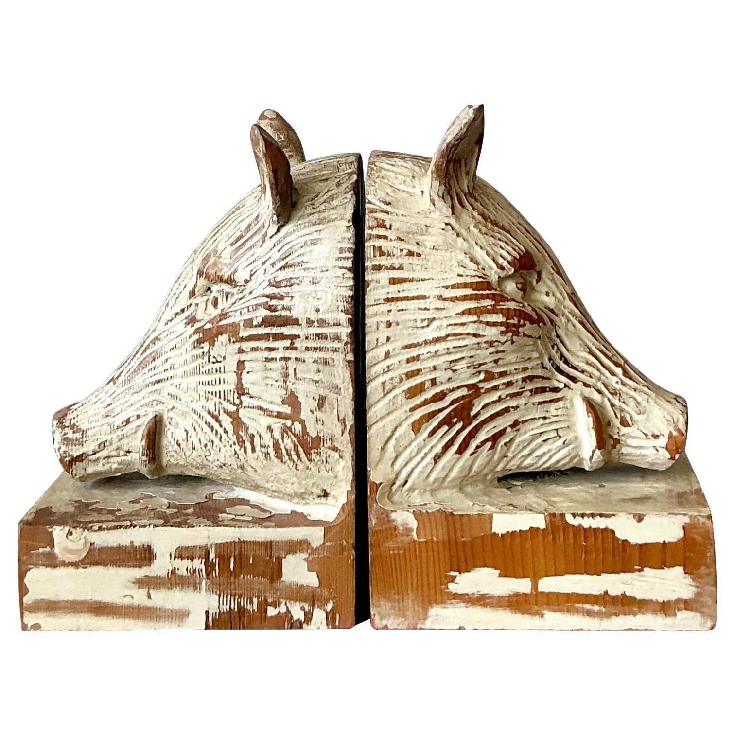 Serre-livres Vintage Boho en sanglier sculpté - Lot de 2