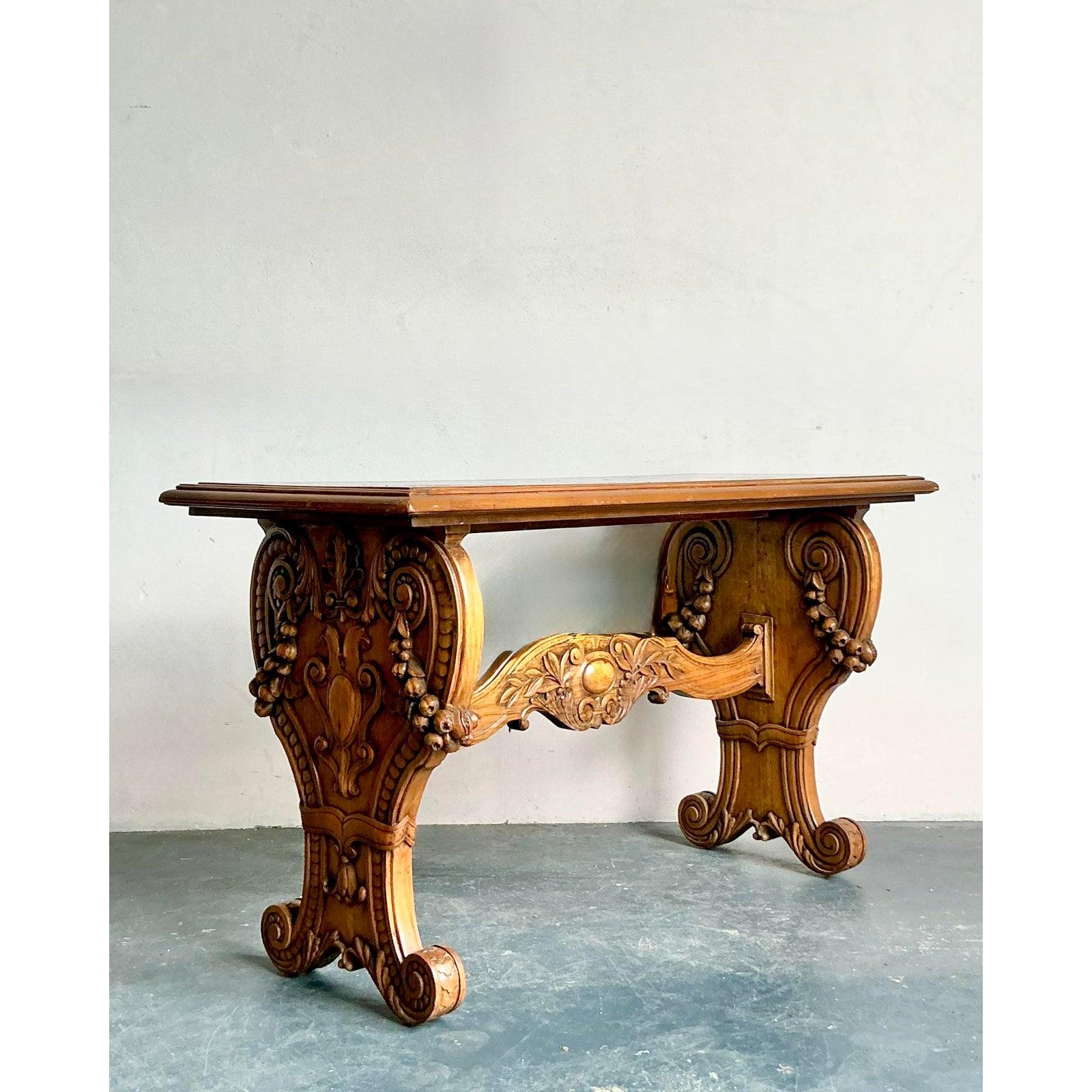 Vintage Boho Carved Burl Wood Console Table For Sale 4