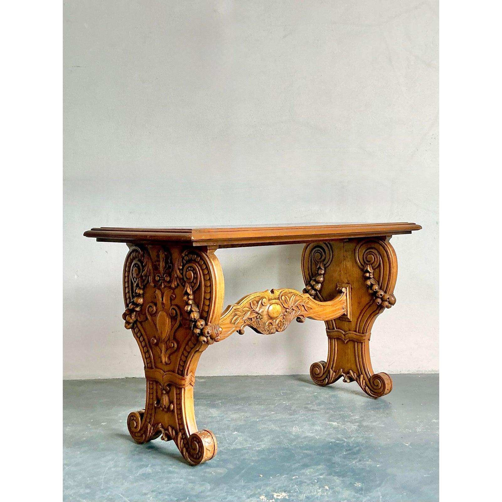 Vintage Boho Carved Burl Wood Console Table In Good Condition For Sale In West Palm Beach, FL